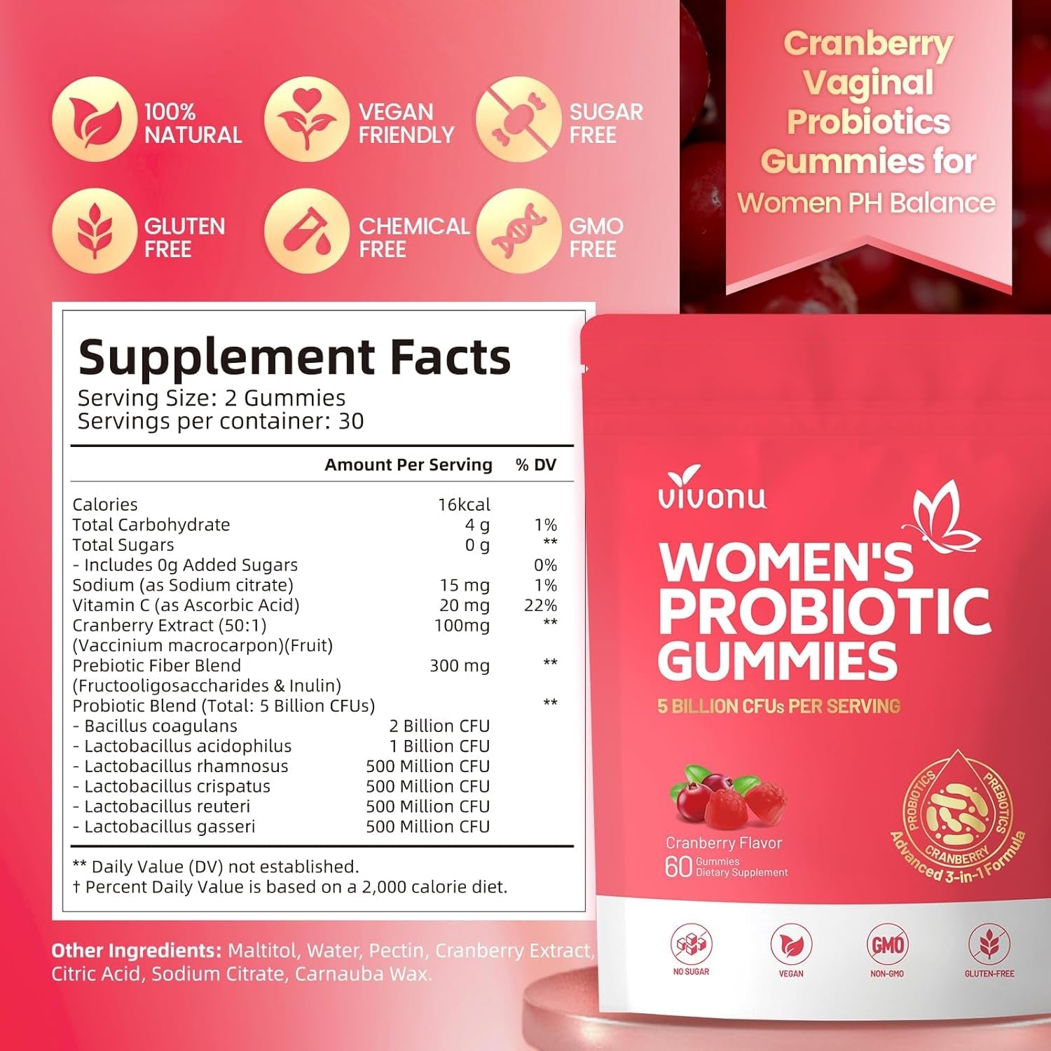 Vivonu Viginal Probiotics for Women, Women Probiotic Gummies, Feminine Balance Gummies, Prebiotic Gummy, Cranberry Probiotics for Woman Vaginigal Health, Yeast Ph Balance| 60 Gummies