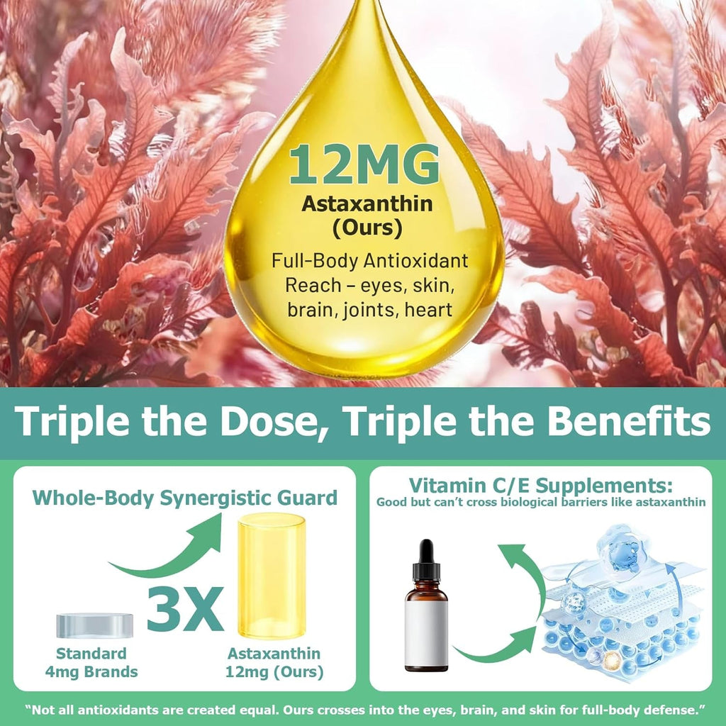 Astaxanthin Supplement 12Mg Liquid Drops, Premium Natural Astaxanthin Antioxidant from Fresh Microalgae Source W. Mct Oi for Eye Immune Joint Skin Health, Liquid Formula for Max Absorption