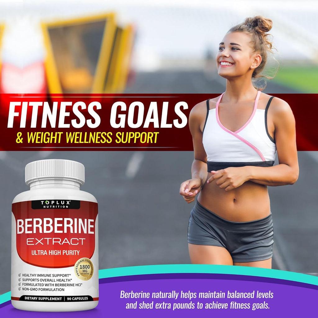 Toplux Berberine Supplement 1800Mg - Berberine HCL 97% Tested Ultra High Purity Premium Berberine Extract to Support Overall Health, High Potency Berberine plus Non-Gmo Vegan Men Women, 90 Capsules