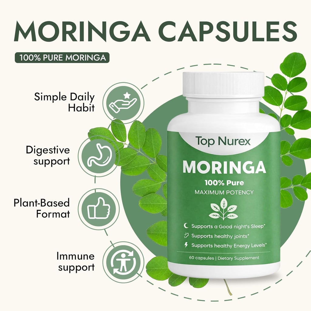 Moringa Capsules, Natural Green Superfood Supplement for Sustained Energy, Immune Support & Digestive Wellness, Non-Gmo, Vegan, 60 Capsules