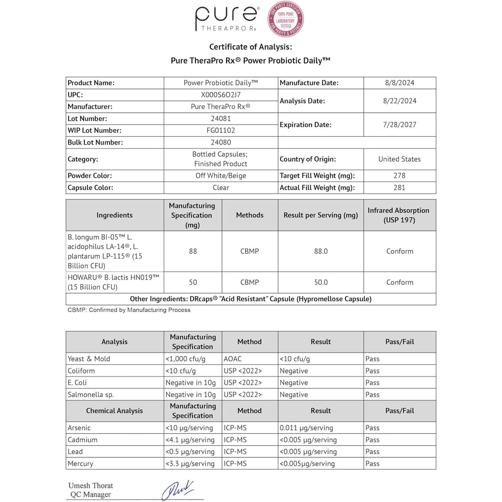 Pure Therapro Rx Power Probiotic Daily - 30 Acid-Resistant Capsules | 4 Proven Strains - 30 Billion Cfu/Capsule | Patented Activ-Vial Desiccant Bottle to Ensure Freshness | NO Refrigeration Required