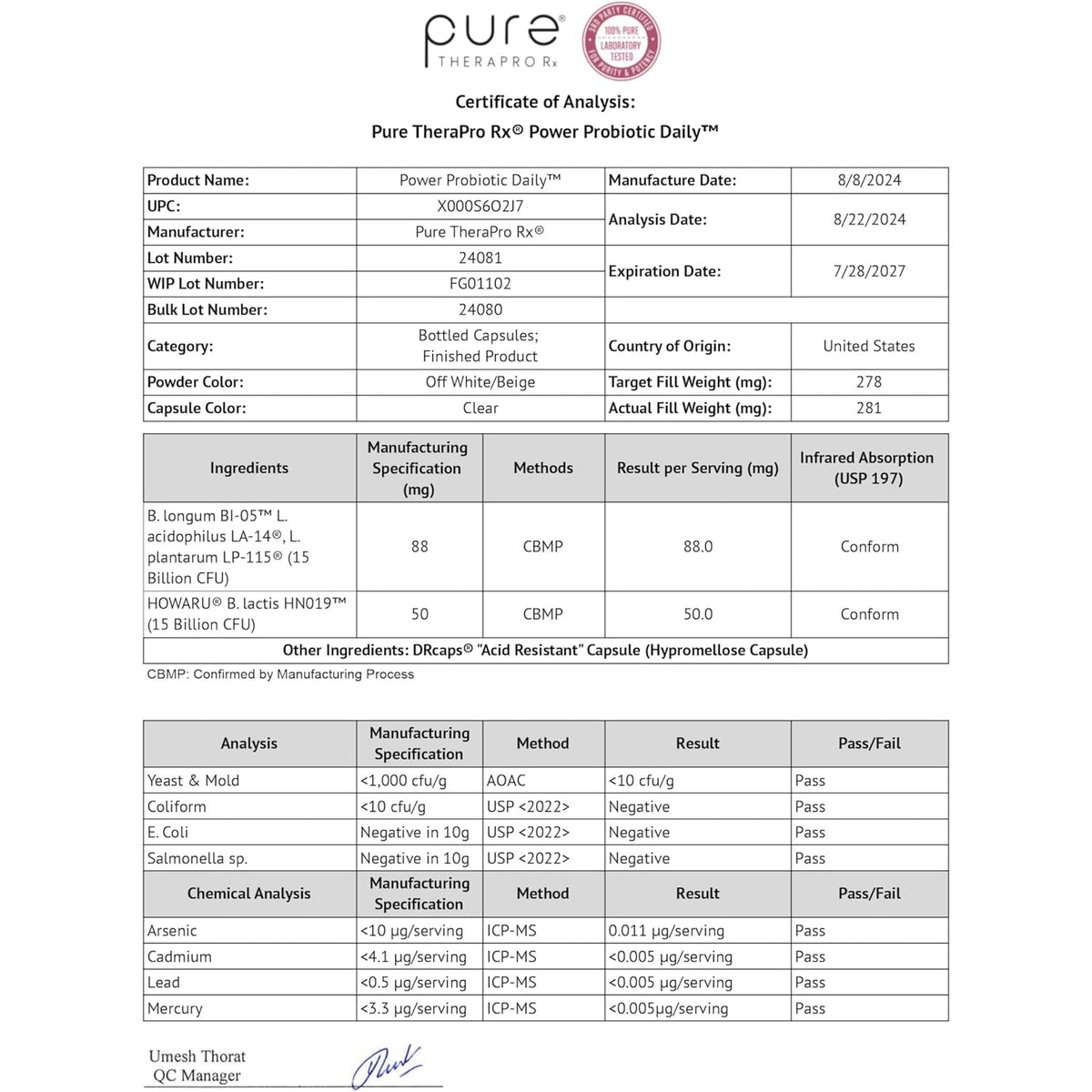 Pure Therapro Rx Power Probiotic Daily - 30 Acid-Resistant Capsules | 4 Proven Strains - 30 Billion Cfu/Capsule | Patented Activ-Vial Desiccant Bottle to Ensure Freshness | NO Refrigeration Required