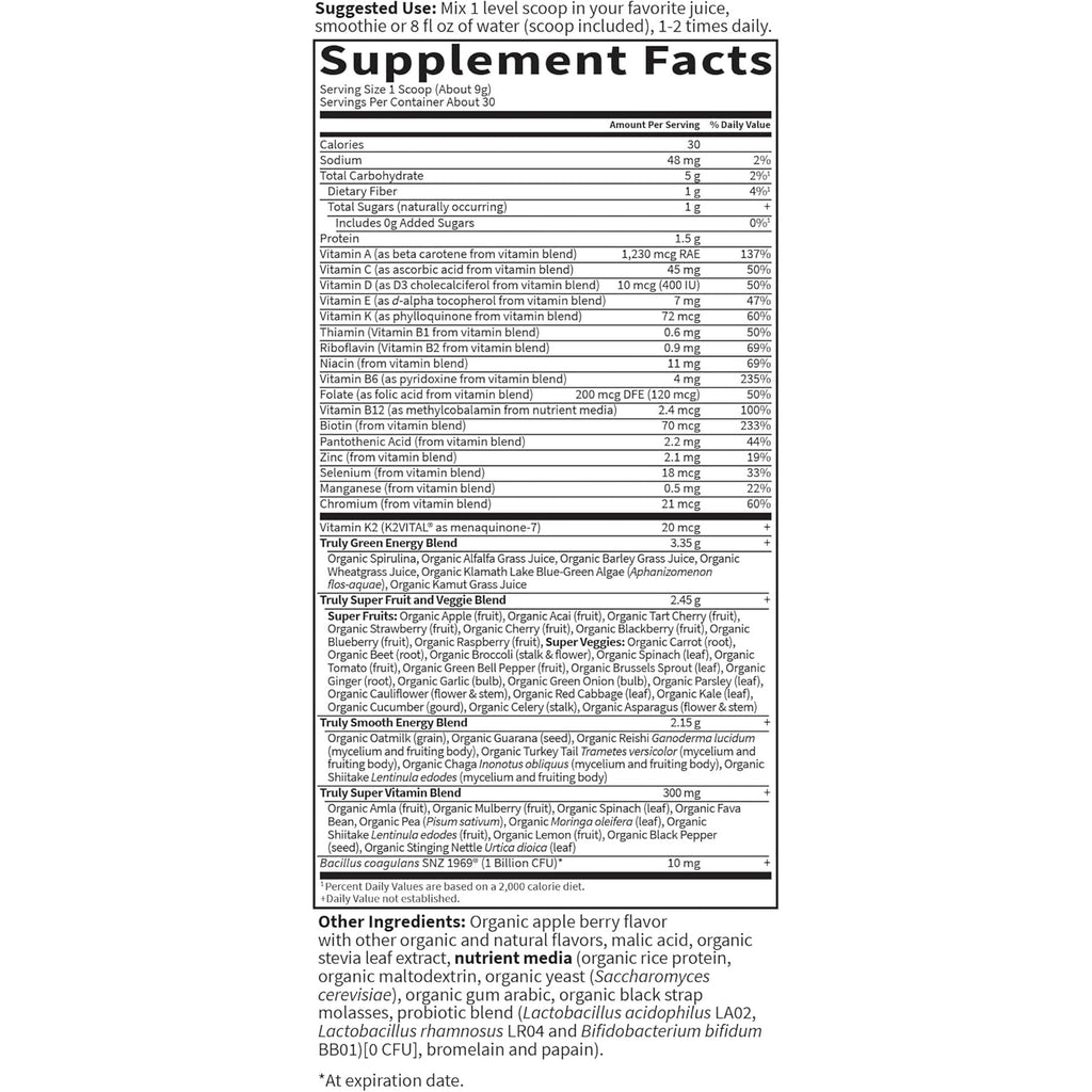 Garden of Life Sport Nutrition Greens and Superfoods Powder for Women and Men - Apple Berry, Organic Blend - Spirulina, Fruit, Vitamins, Pre & Probiotics, Mushrooms, Athletic Supplements, 30 Servings