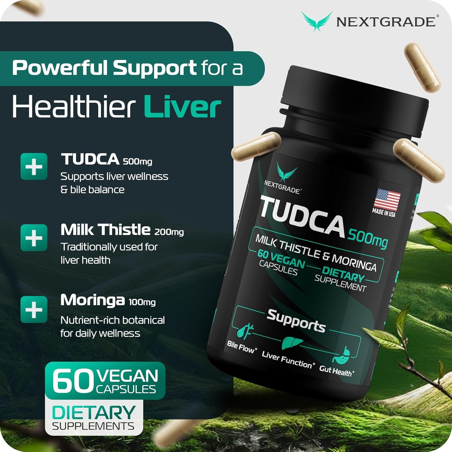 TUDCA 500Mg Bile Salts Liver Support Supplement with Milk Thistle (200Mg) & Moringa (100Mg) - Supports Liver, Bile Flow, Gut Health & Gallbladder - Made in USA 60 Capsules, Ebook Included