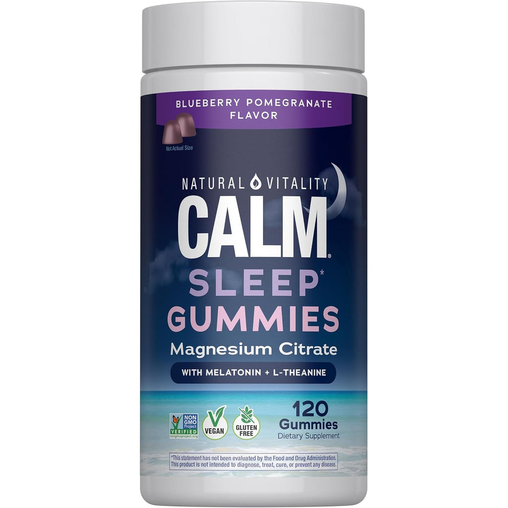 Natural Vitality SLEEP Gummies, Magnesium Supplement with Melatonin and L-Theanine, Vegan, Gluten Free, Helps the Body Ease into Sleep, Blueberry Pomegranate 120 Count