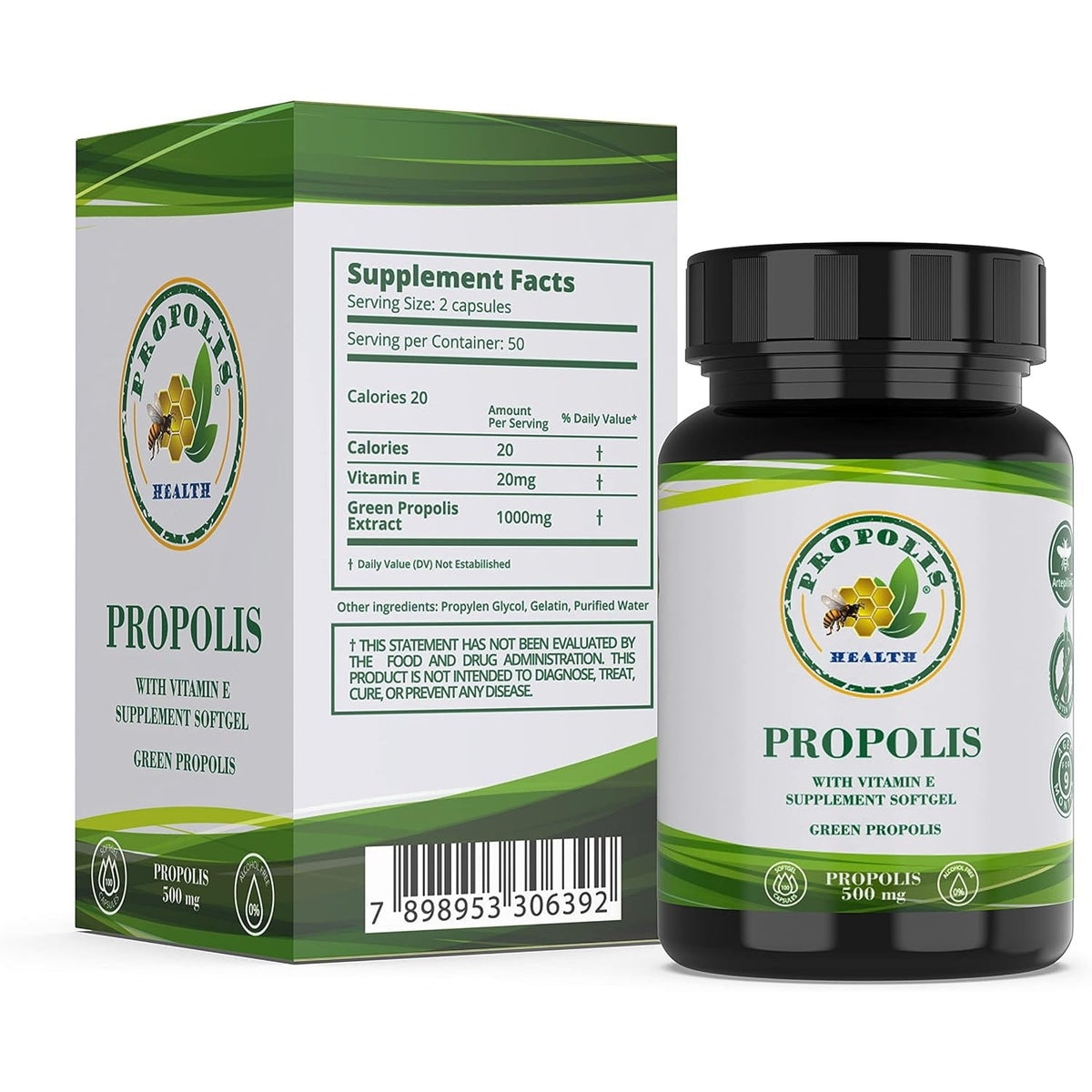Propolis Health Propolis Capsules 1000Mg-Daily with Vitamin E per Dose - Pure Brazilian Green Propolis Extract - Immune Booster 50 Days Supply -100 Capsules