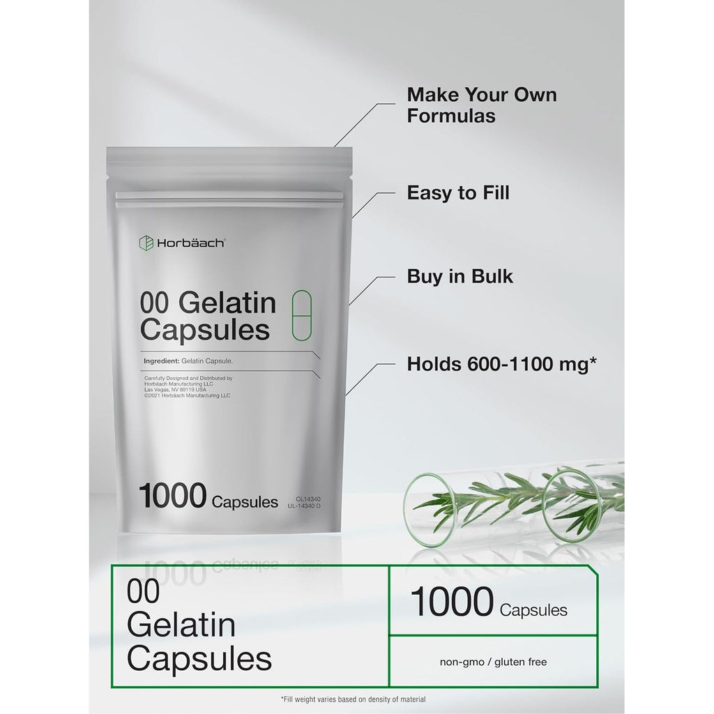 Empty Capsules Size 00 | 1000 Clear Gelatin Capsules | Resealable Bag | Non-Gmo, Gluten Free | by Horbaach