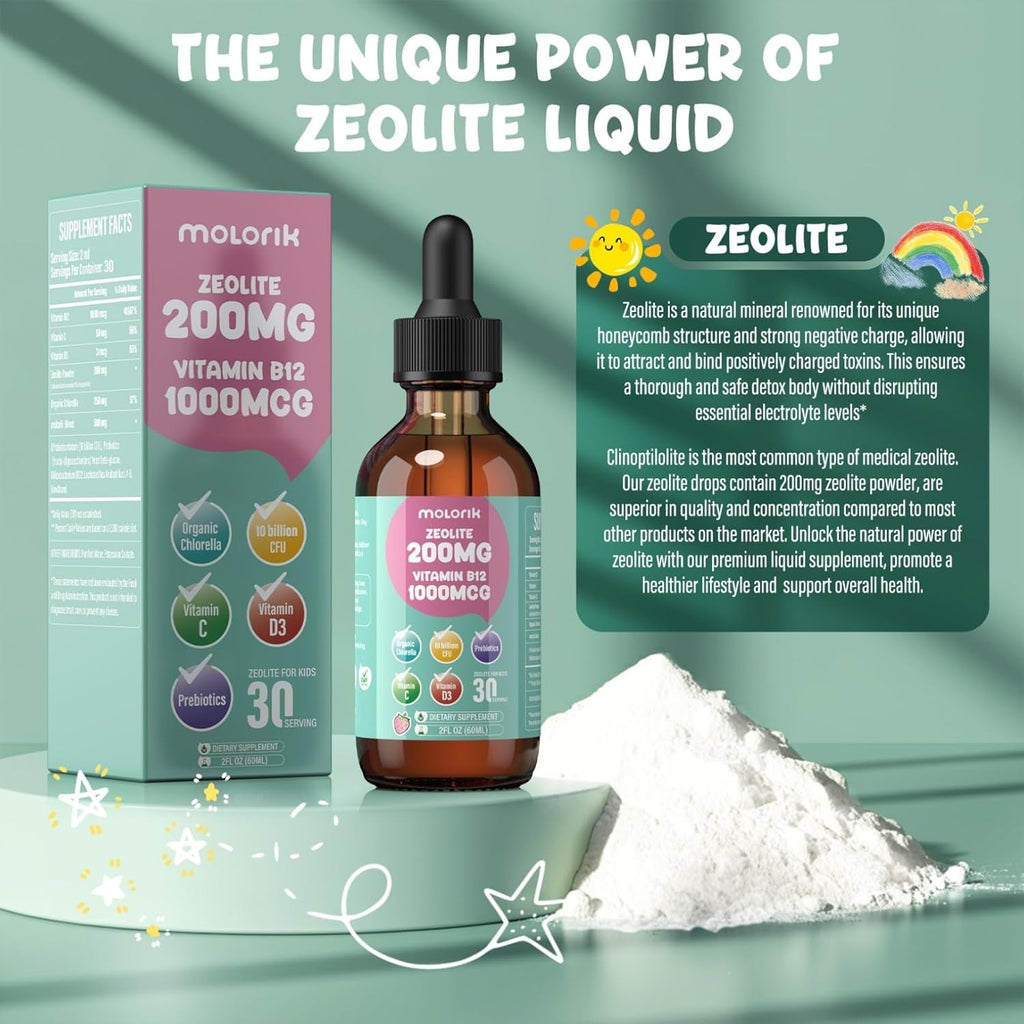 Zeolite Detox for Kids and Adults, 200Mg Zeolite Liquid Drops with 1000Mcg Vitamin B12, Organic Chlorella, 10 Billion CFU & Prebiotics for Gut Support & Speech, Immune, Bone, Energy*, Strawberry, 60ML
