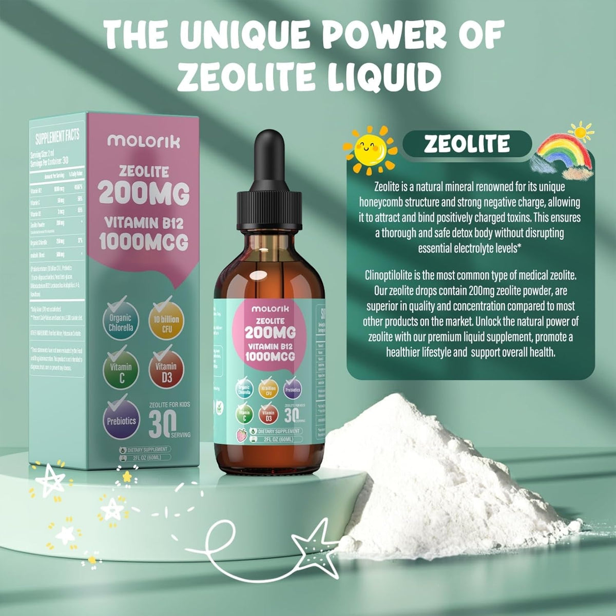 Zeolite Detox for Kids and Adults, 200Mg Zeolite Liquid Drops with 1000Mcg Vitamin B12, Organic Chlorella, 10 Billion CFU & Prebiotics for Gut Support & Speech, Immune, Bone, Energy*, Strawberry, 60ML