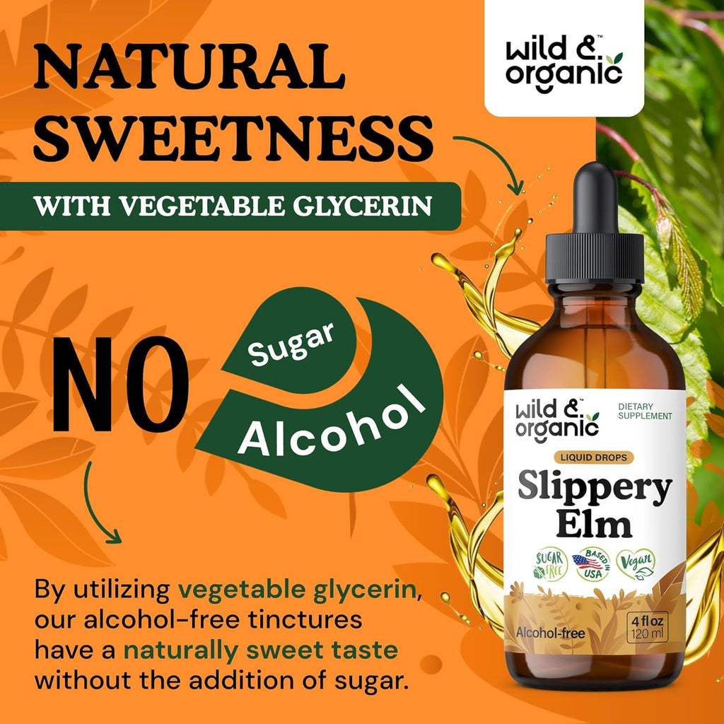 Wild & Organic Slippery Elm Liquid Drops - Lung, Digestive & Women'S Support - Slippery Elm Bark Supplement - Add to Tea Tincture - Ulmus Rubra Herb - Vegan, Sugar & Alcohol-Free - 4 Fl Oz