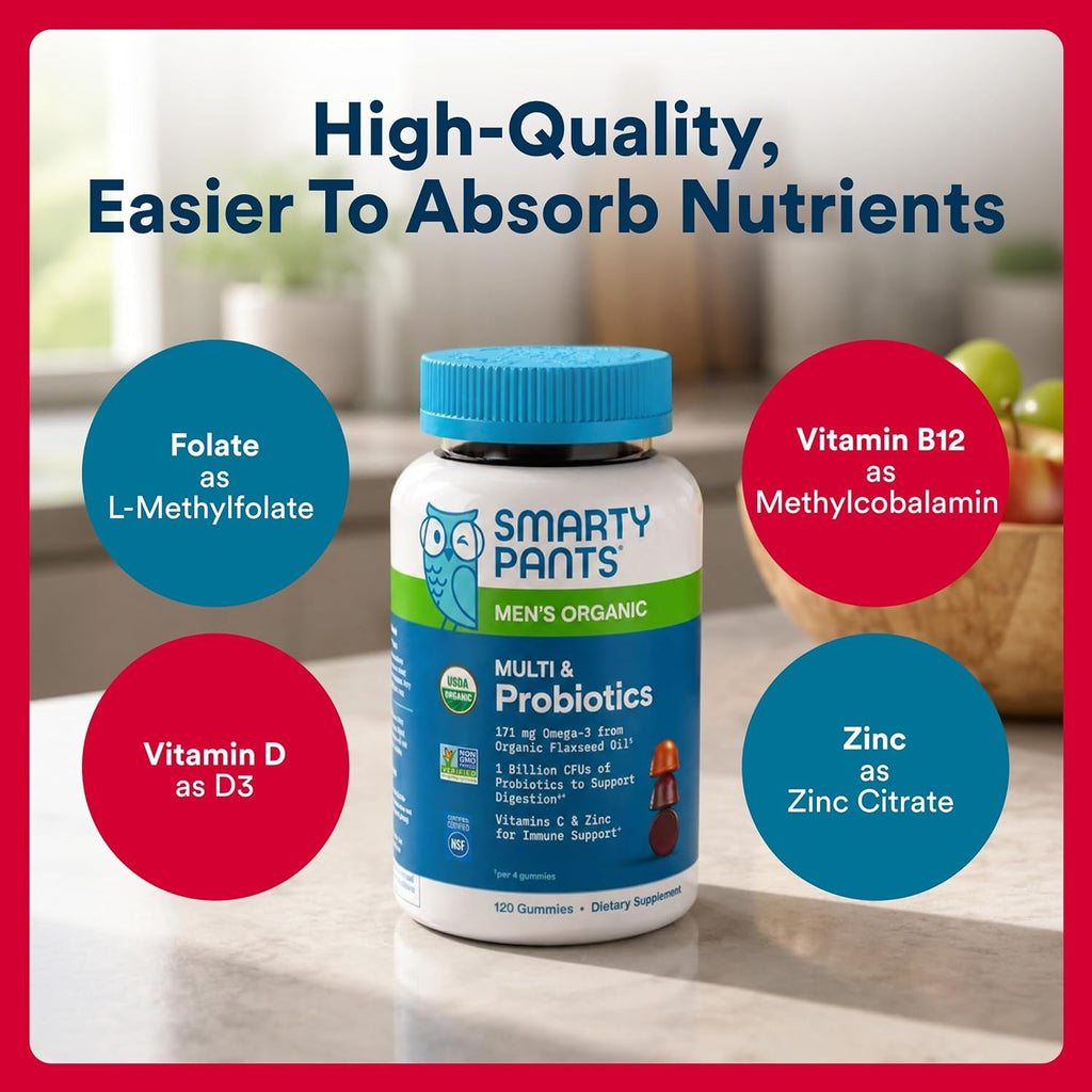 Smartypants Multivitamin for Men, Organic Gummies: Probiotics, Coq10, Methylfolate, Omega 3 (ALA), Vitamin D3, C, Vitamin B12, B6, A, K & Zinc for Immune Support, Biotin, 120 Gummies (30 Day Supply)