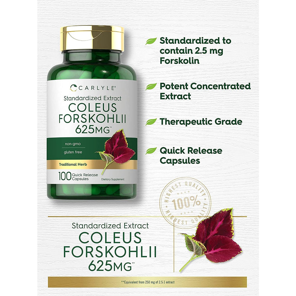 Carlyle Coleus Forskohlii Capsules | 100 Count | Forskolin Standardized Extract Supplement | Non-Gmo & Gluten Free