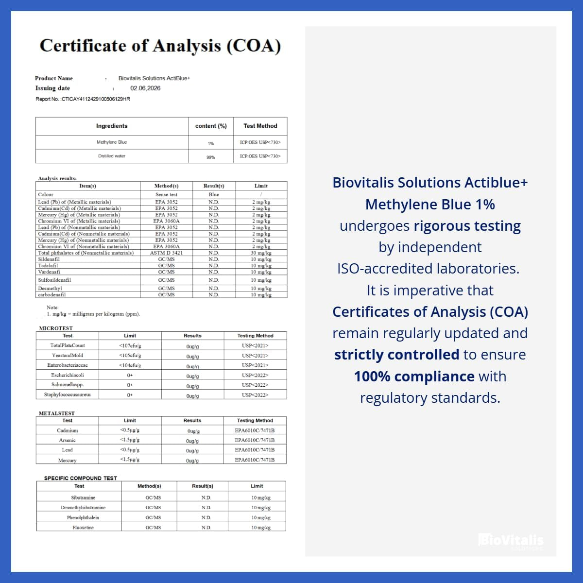 Actiblue+ Methylene Blue 1% : Methylene Blue ISO Certified Third Party Lab Tested 99,9% No Formaldehyde No Alcohol No Gluten&Gmo(2Fl.Oz)
