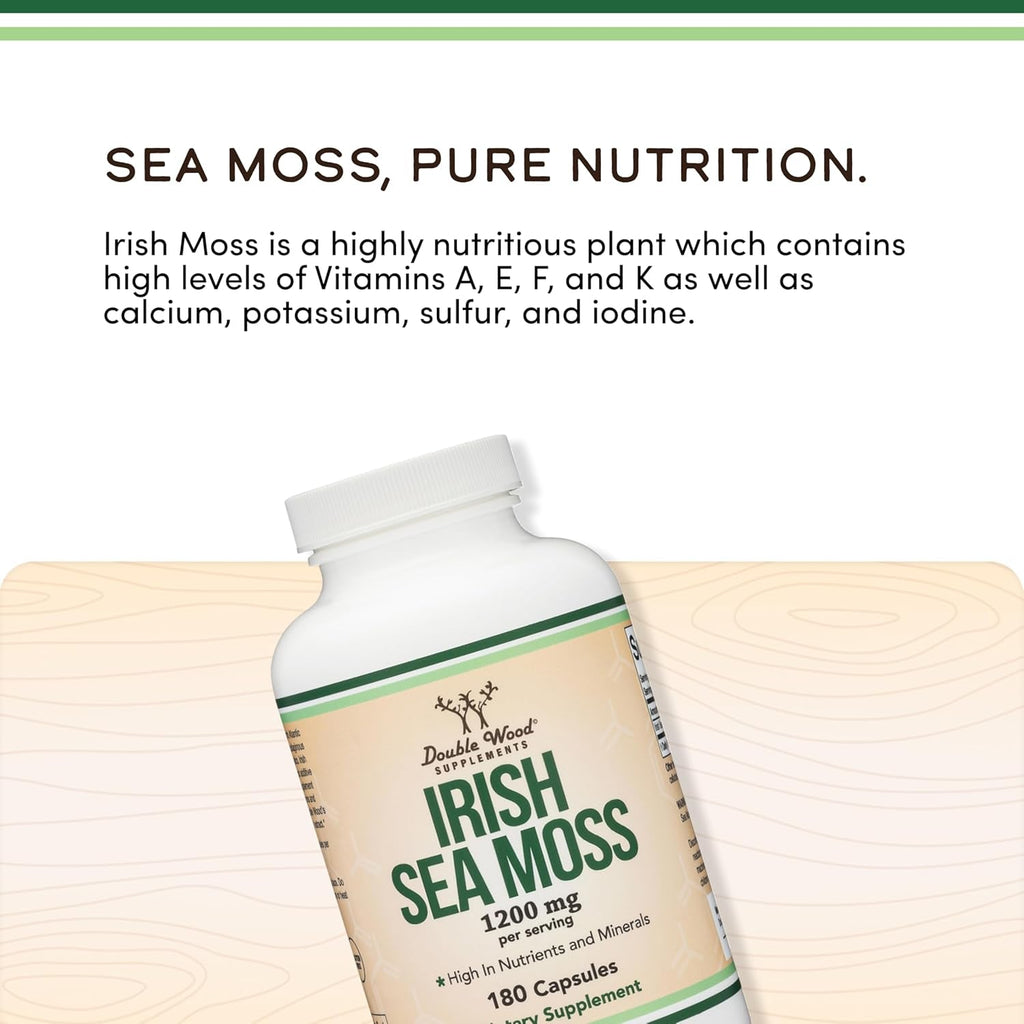 Irish Sea Moss Capsules, More Potent than Sea Moss Gel Extract (180 Count, 1,200Mg per Serving) (From Wildcrafted and Raw Chondrus Crispus) Nutrient Rich Superfood High in Minerals by Double Wood
