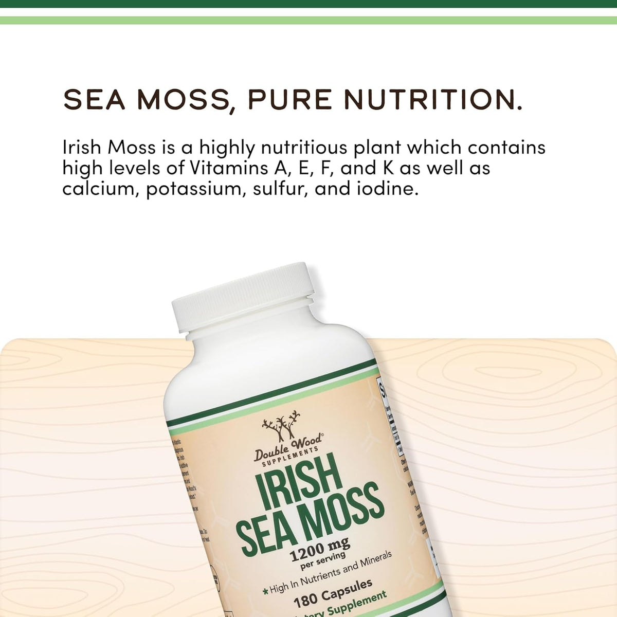 Irish Sea Moss Capsules, More Potent than Sea Moss Gel Extract (180 Count, 1,200Mg per Serving) (From Wildcrafted and Raw Chondrus Crispus) Nutrient Rich Superfood High in Minerals by Double Wood
