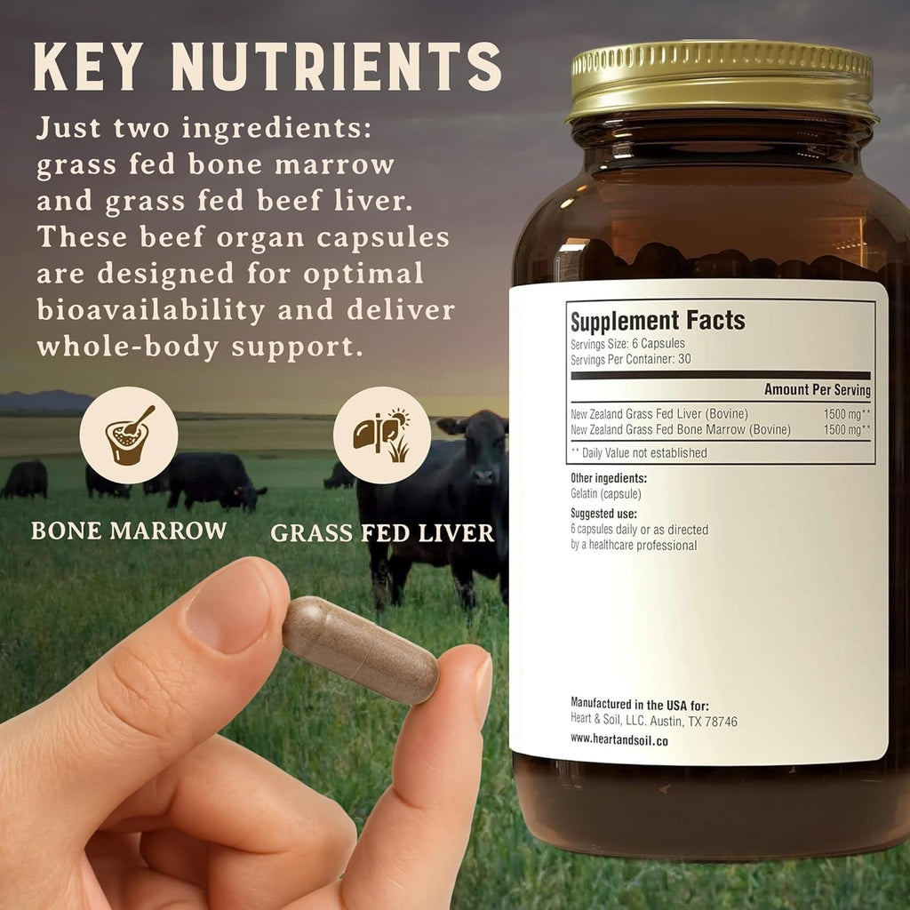 Heart & Soil – 100% Grass Fed & Finished Bone Marrow & Beef Liver from Regenerative Cattle – Supports Bones, Joints, Tissue & Skin – 3000Mg Libido Booster for Women & Men – Glass Bottle – 180 Capsules