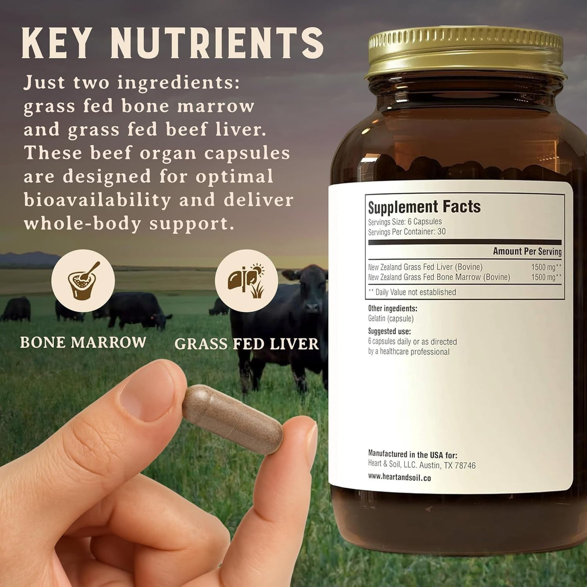 Heart & Soil – 100% Grass Fed & Finished Bone Marrow & Beef Liver from Regenerative Cattle – Supports Bones, Joints, Tissue & Skin – 3000Mg Libido Booster for Women & Men – Glass Bottle – 180 Capsules
