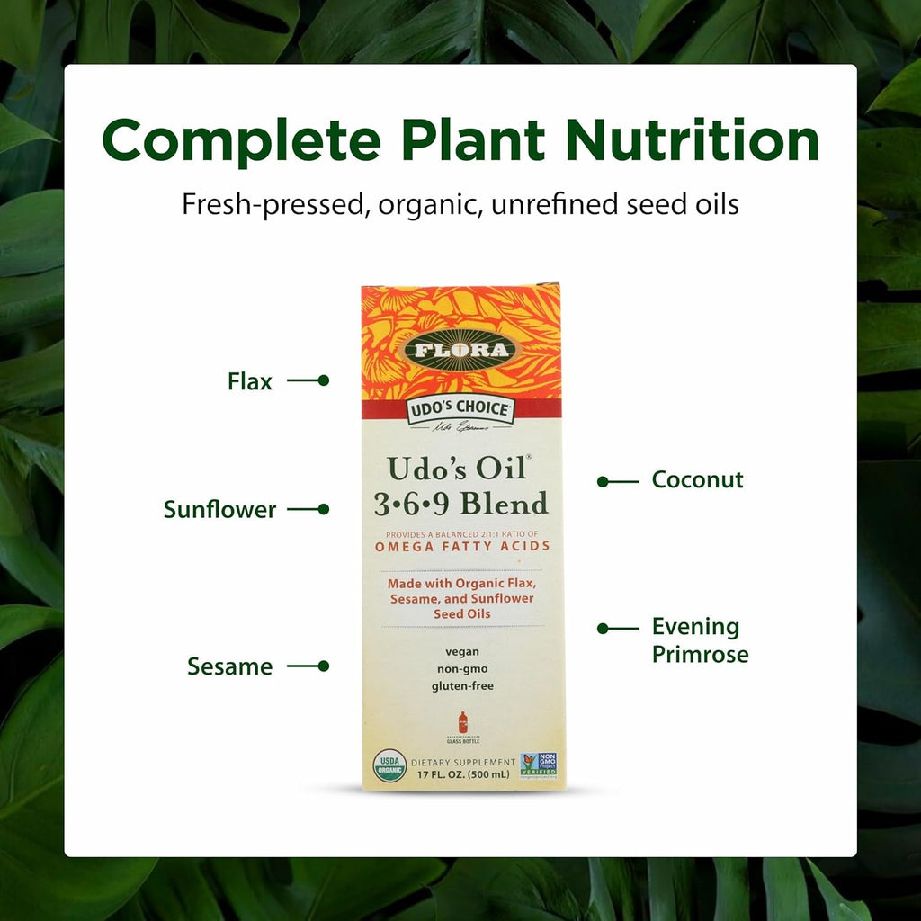 Flora - Udo'S Choice Omega 369 Oil Blend, Made with Organic Flax, Sesame & Sunflower Seed Oils, Plant-Based Vegan Omega Fatty Acids, Based on Ideal 2:1:1 Ratio, 17-Fl, Oz. Glass Bottle