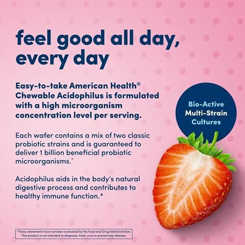 American Health Daily Chewable Tablet Acidophilus, 1 Billion Live Cultures, Beneficial Bacteria for the Digestive & Immune Systems, Strawberry, 60 Count