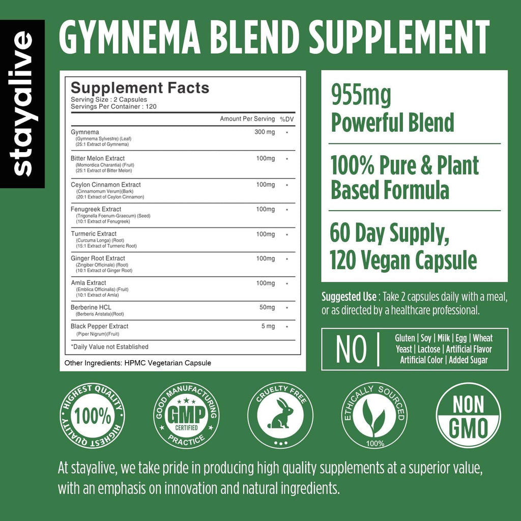 STAY ALIVE Gymnema Sylvestre 25:1 Extract, 120 Capsules with Bitter Melon, Ceylon Cinnamon, Berberine, Turmeric, Ginger, Amla Powder and Fenugreek, Non-Gmo & Gluten Free Gymnema Sylvestre Supplement
