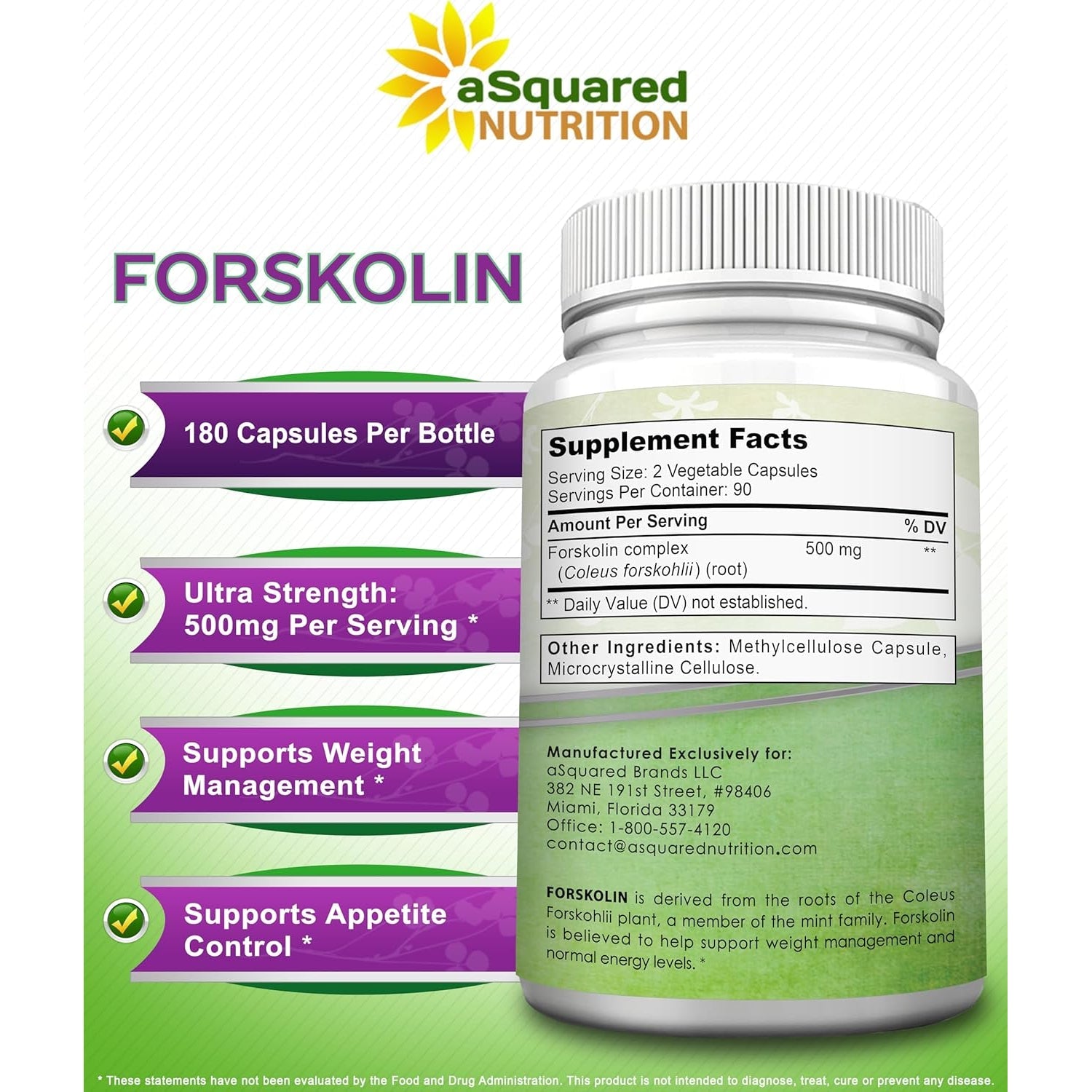 Asquared Nutrition Forskolin 500Mg per Serving Max Strength-180 Capsules, Supplement for Pure Weight Loss Fuel, Coleus Forskohlii Root - Forskolin Diet Pills, Belly Buster Fat Burner 2X Slim Trim Lose