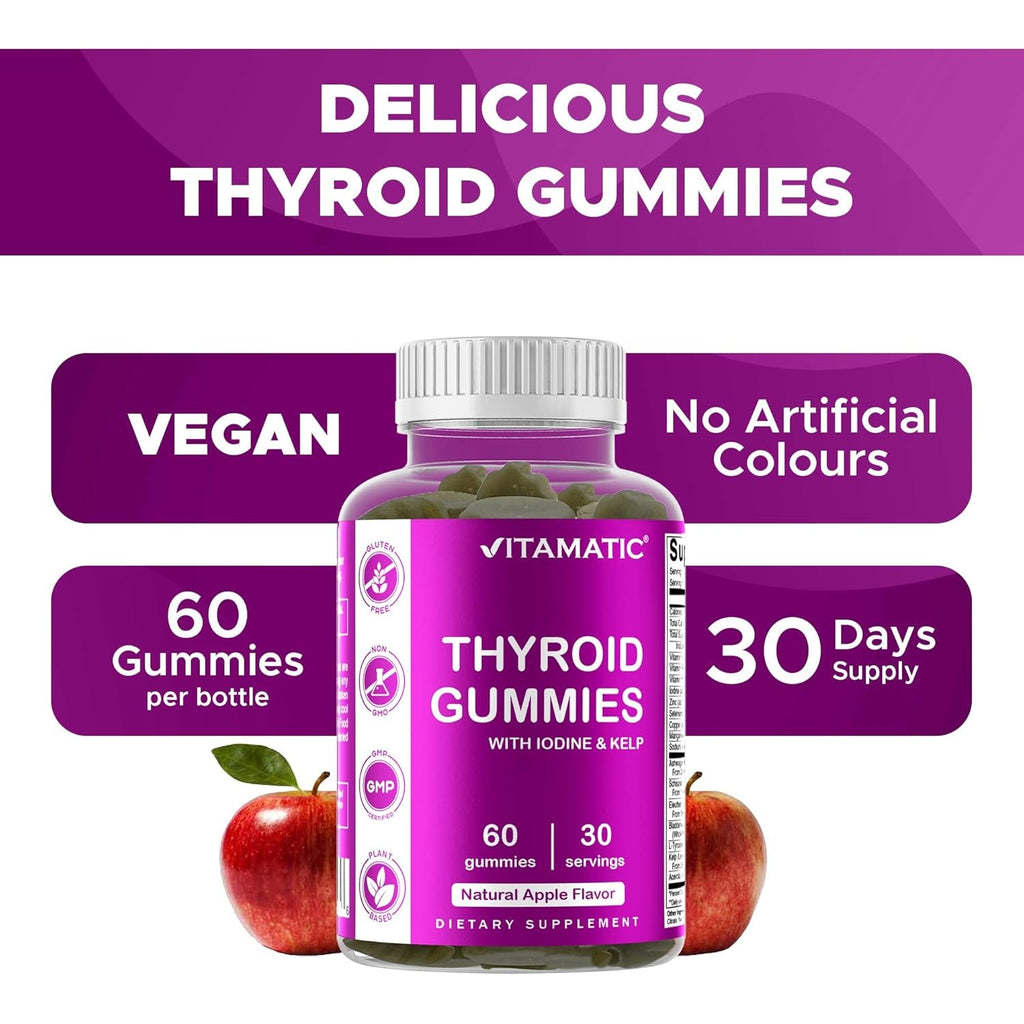 Vitamatic Vegan Thyroid Support Gummies with Iodine & Kelp – 60 Count Improve Your Energy & Increase Metabolism – Plant-Based