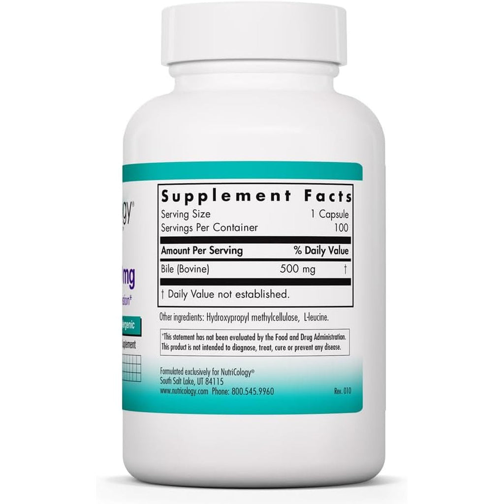 Nutricology Ox Bile 500 Mg - Supports Fat Digestion - 500 Mg Concentrated Bile Salts per Serving - Hypoallergenic & Vegetarian - 180 Servings - 180 Capsules