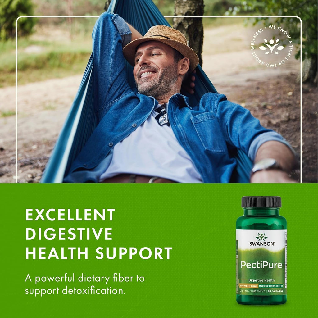 Swanson Pectipure Modified Citrus Pectin Cellular and Digestive Health Supplement for Wellness-Conscious Adults - 82% Galacturonic Acid (60 Capsules, 600 Mg Each)