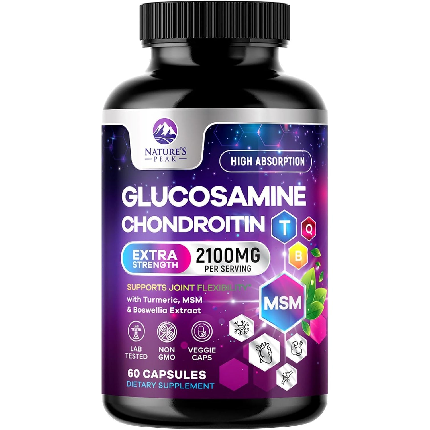 Glucosamine Chondroitin, MSM & Turmeric - Extra Strength Joint Support Supplement with 1500Mg Glucosamine Sulfate per Serving - for Cartilage, Joint Health & Flexibility - Bottled USA - 60 Capsules