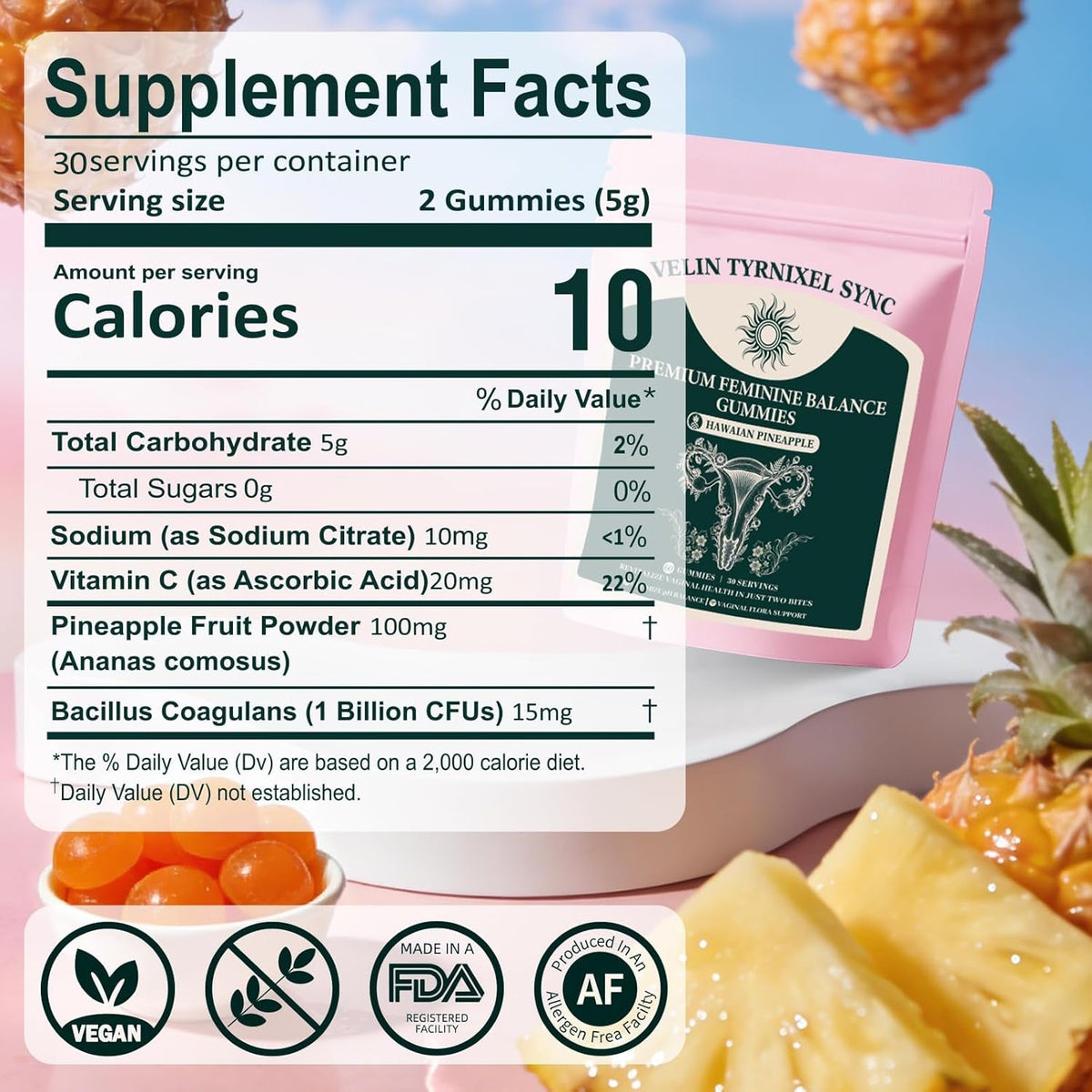 Probiotic Gummies for Women - Vital Prebiotic Source for Feminine Health, Ph Balance & Odor Control - Vegan Daily Digestive & Immune Support, Pineapple Flavor, Sugar-Free, 60 Count