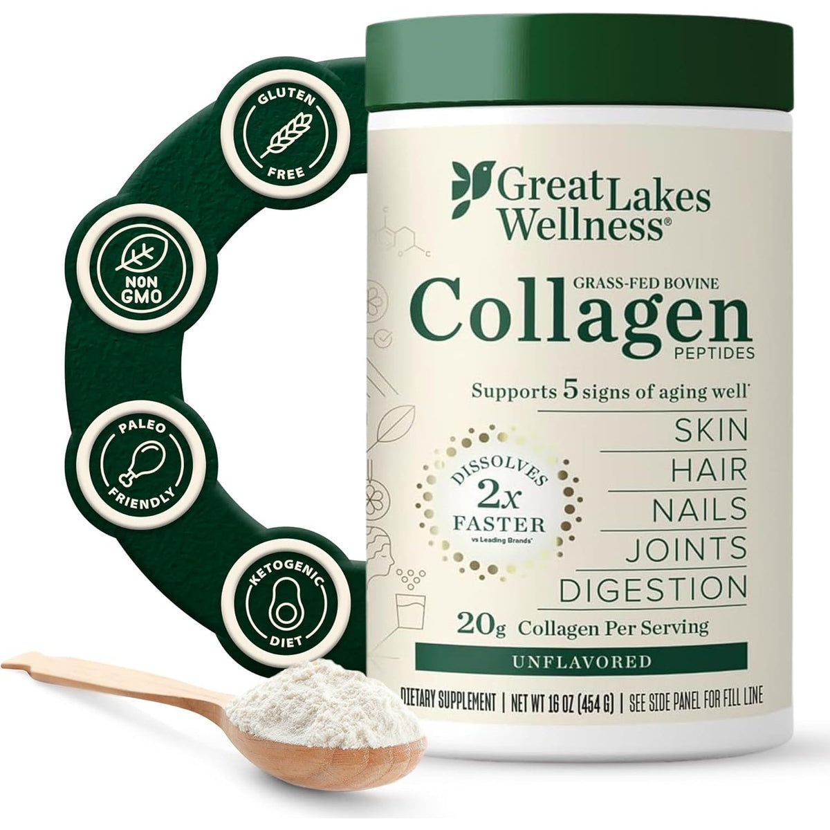 Great Lakes Wellness Collagen Peptides Powder – Supports Skin, Hair, Nails, Joints & Digestion – Hydrolyzed, Quick Dissolve, Non-Gmo, Keto & Kosher – Pure Collagen Protein (16 Oz, 22 Servings)