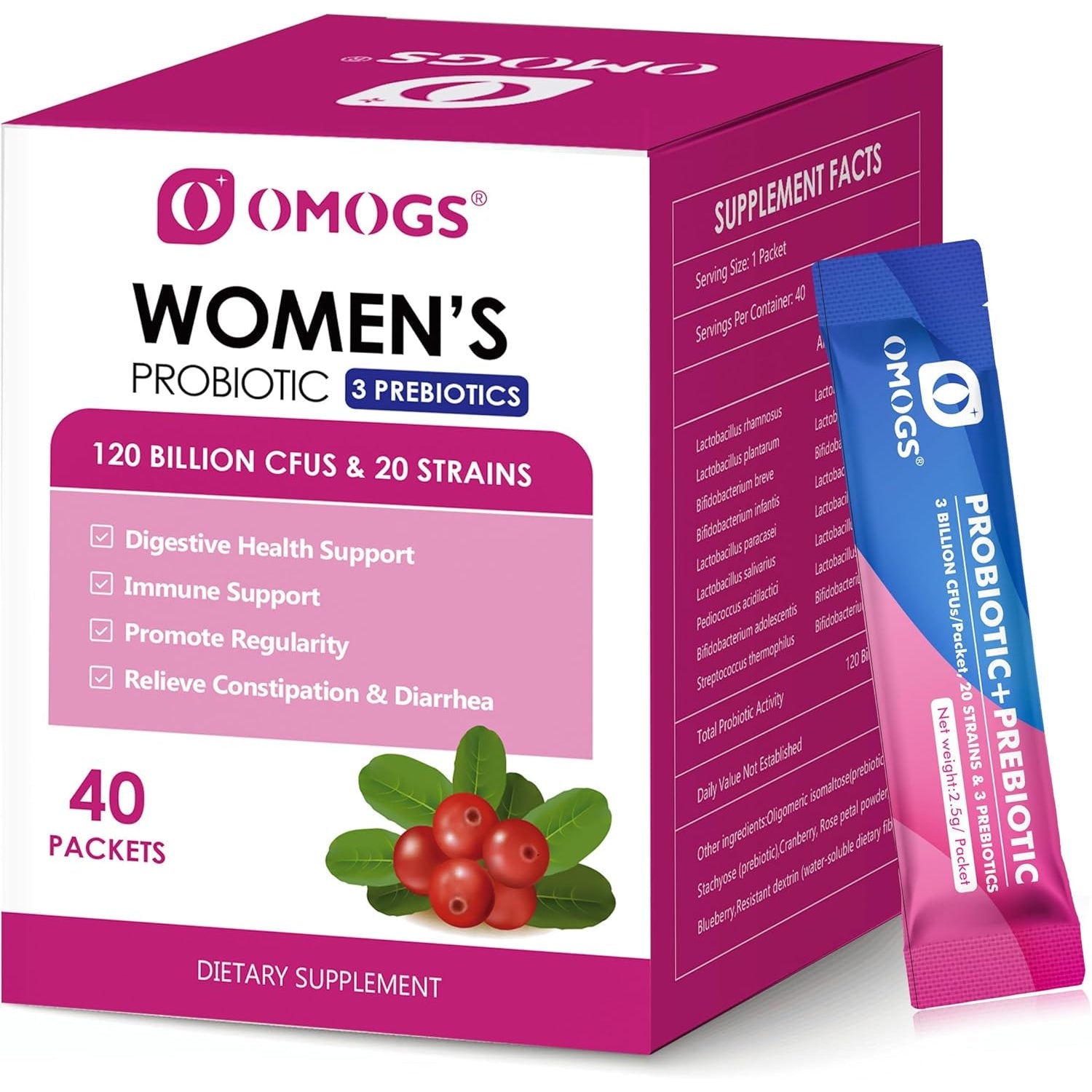 OMOGS Women'S Probiotic,120-Billion-Cfus, 18 Strains, with 3 Prebiotics and Cranberry Extract, Help for Immune Booster, Digestive Health, Gut Health and Vaginal Health