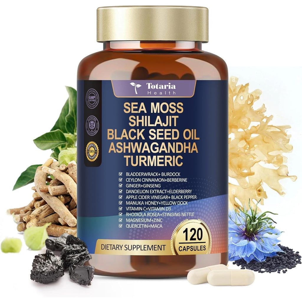 25-In-1 Sea Moss Black Seed Oil Ashwagandha Ginger Shilajit Supplement, Sea Moss Capsules Pro with Bladder Burdock Ceylon Cinnamon Berberine ACV Manuka VIT C & D3 for Men Women, 120 Vegan Caps