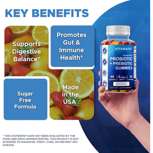 Vitamatic Probiotic Sugar Free Gummies for Men and Women – 5 Billion Cfus Digestive, Immune & Gut Health Support – Gluten Free