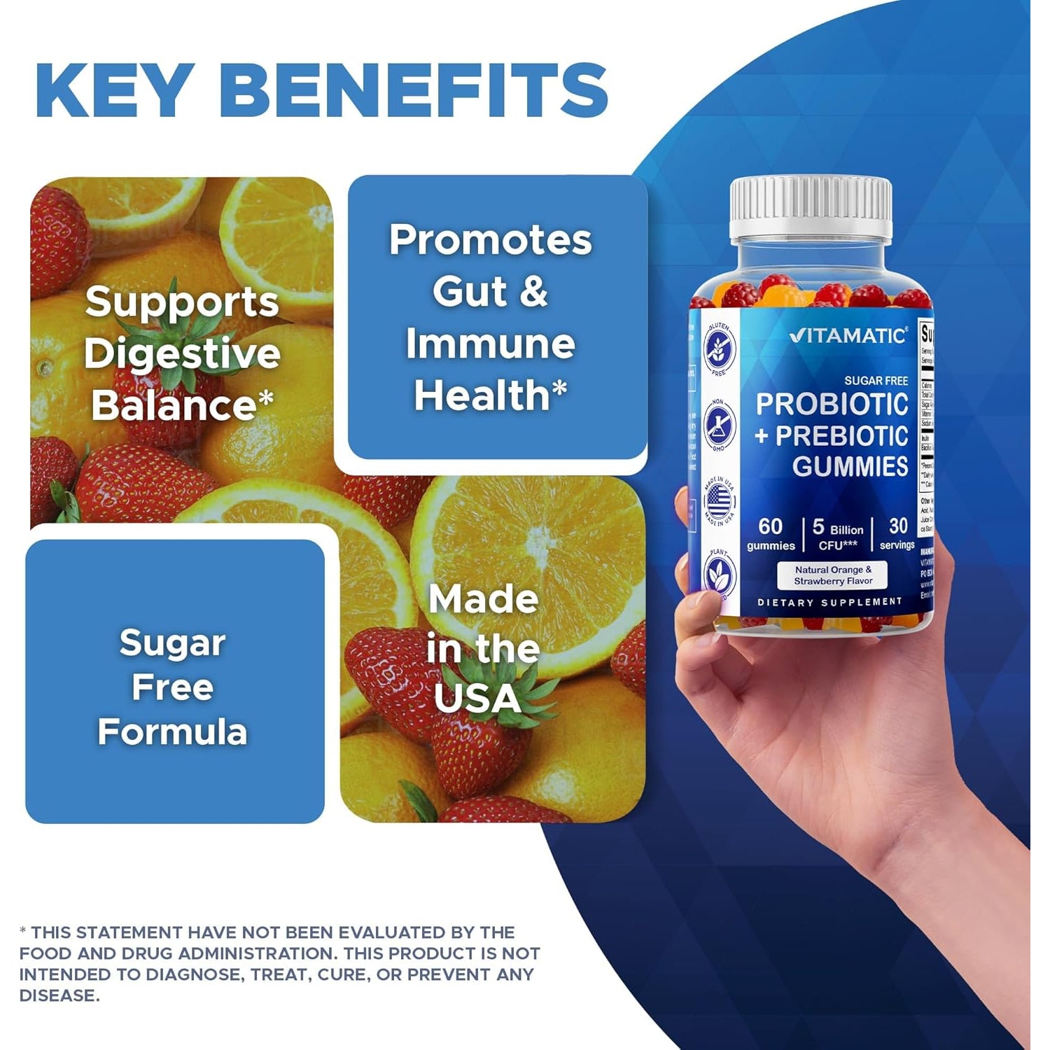 Vitamatic Probiotic Sugar Free Gummies for Men and Women – 5 Billion Cfus Digestive, Immune & Gut Health Support – Gluten Free