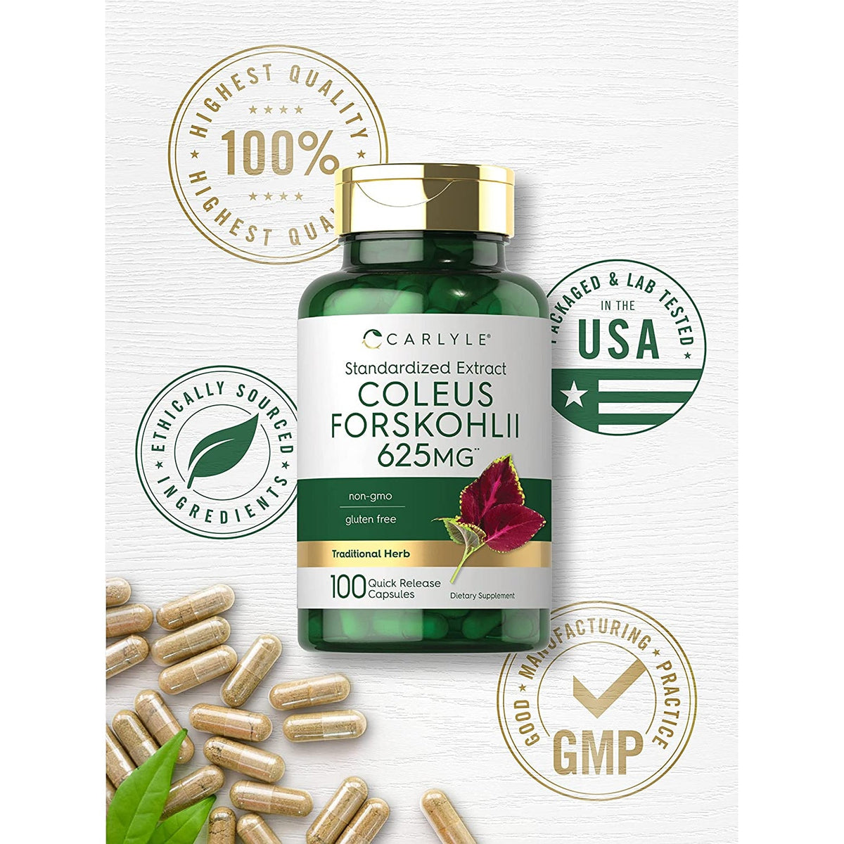 Carlyle Coleus Forskohlii Capsules | 100 Count | Forskolin Standardized Extract Supplement | Non-Gmo & Gluten Free