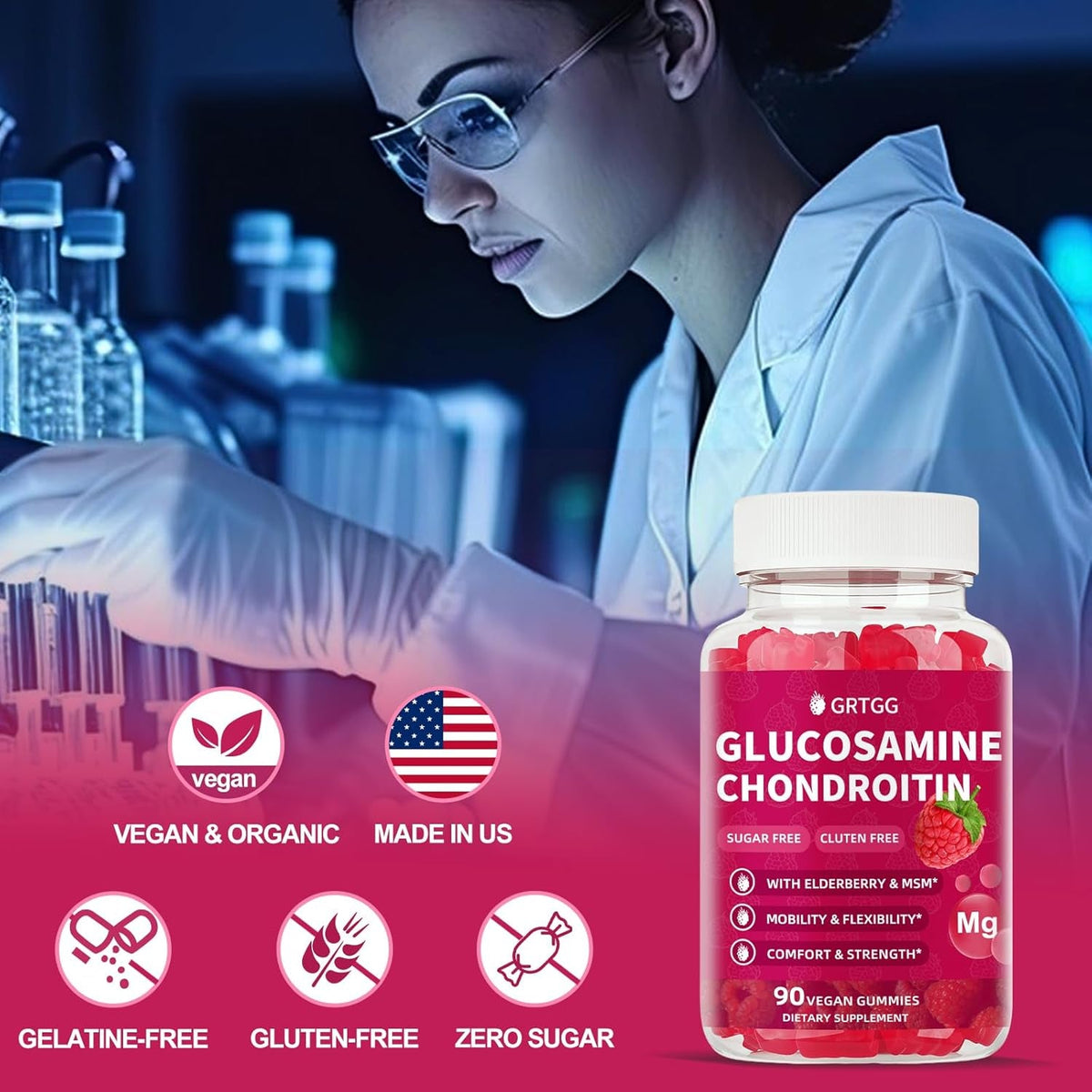 Glucosamine Chondroitin Gummies with MSM & Elderberry Extra Strength 3000MG - Joint Support, Antioxidant Immune Support Supplement for Adults, Men & Women - 90 Raspberry Gummies