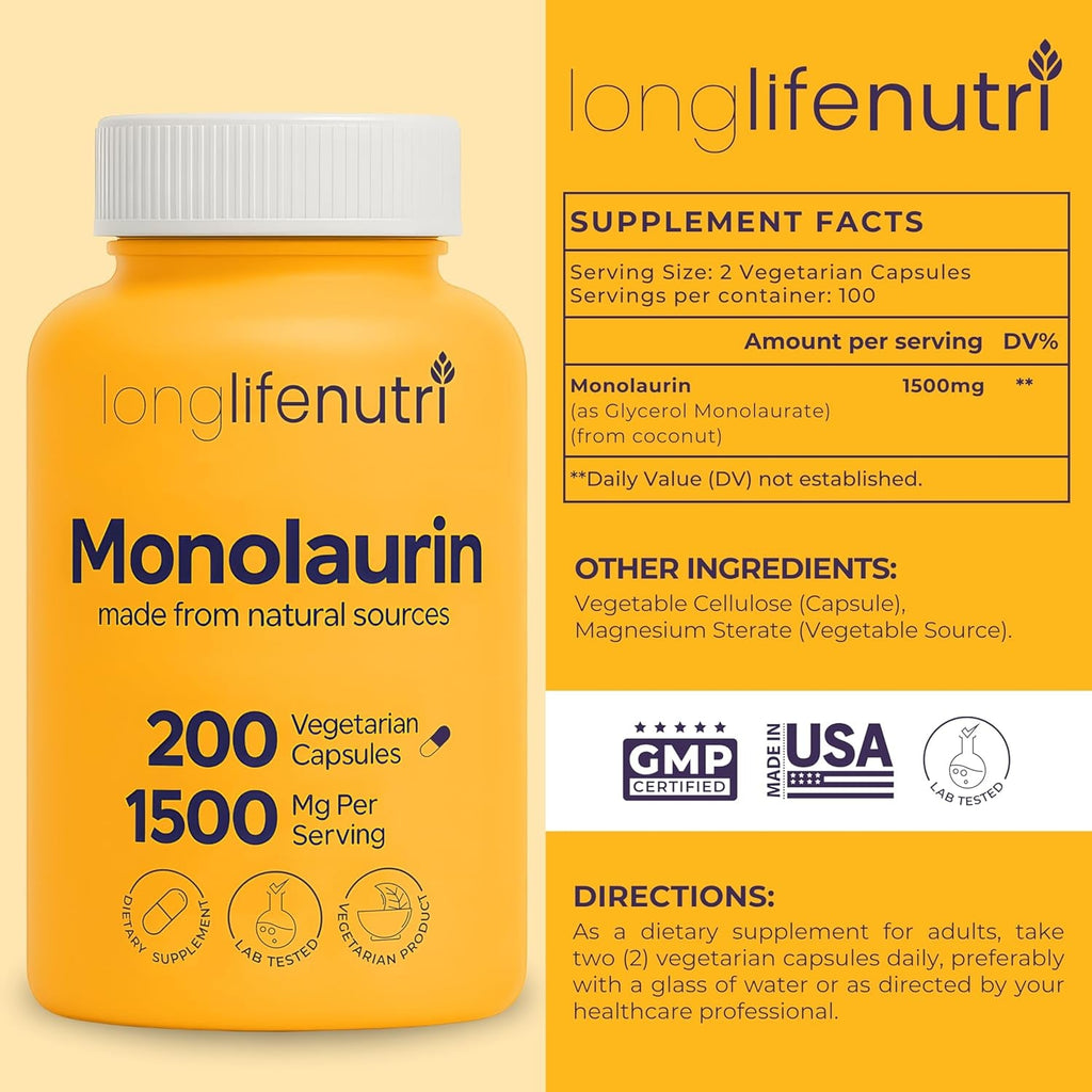 Longlifenutri Monolaurin 1500Mg - Potent Glycerol from Coconut, 200 Vegetarian Capsules, Organic Supplement for Gut Balance & Natural Defense, 100-Day Supply, GMP Certified, Made in USA