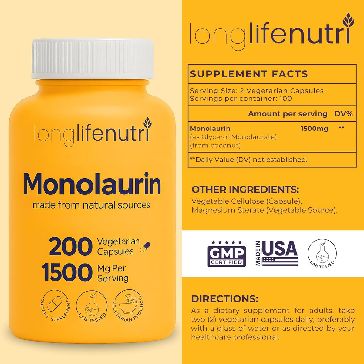 Longlifenutri Monolaurin 1500Mg - Potent Glycerol from Coconut, 200 Vegetarian Capsules, Organic Supplement for Gut Balance & Natural Defense, 100-Day Supply, GMP Certified, Made in USA