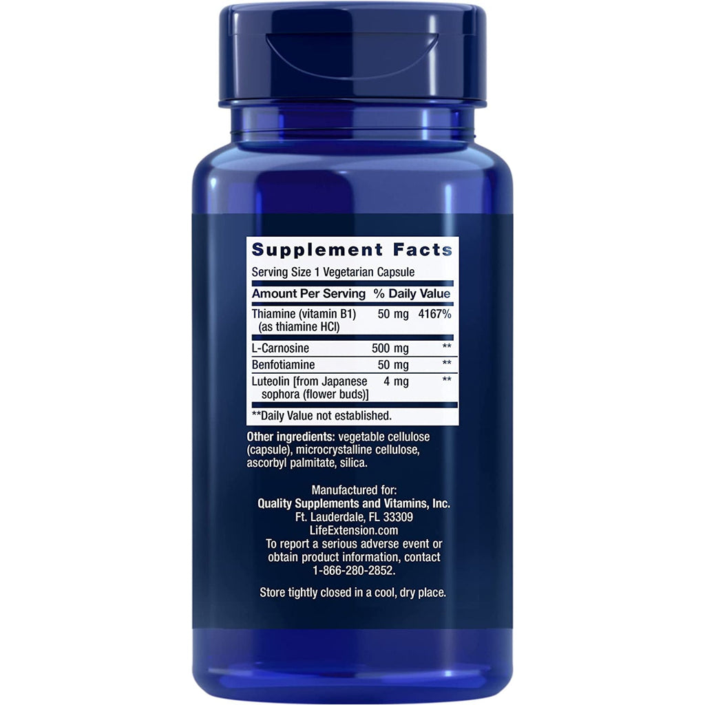 Life Extension Super Carnosine, L-Carnosine, Luteolin, Vitamin B1, Muscle Support, Exercise Recovery, Heart Health, Gluten-Free, Non-Gmo, Vegetarian, 60 Capsules
