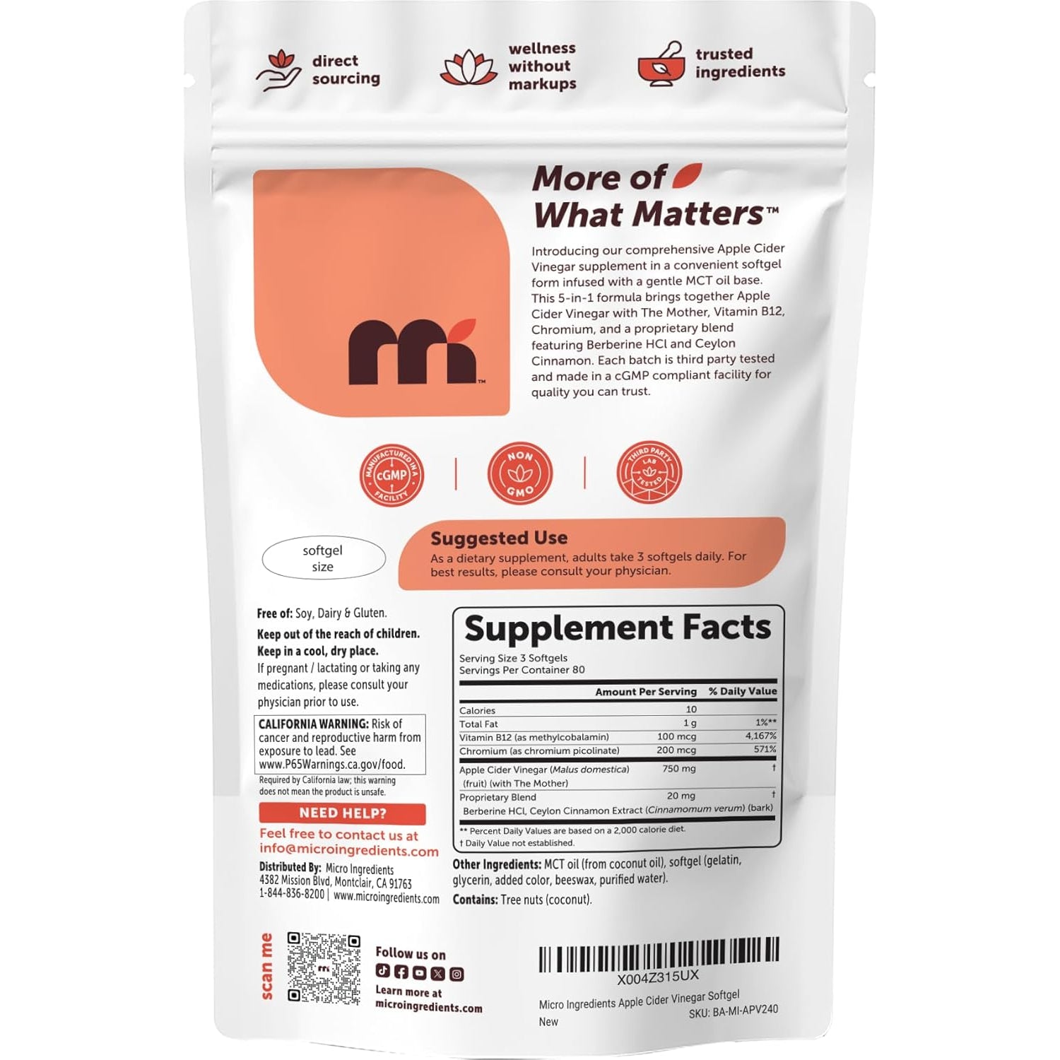 Micro Ingredients Apple Cider Vinegar with the Mother, 240 Softgels | 5-In-1 ACV with Methylated Vitamin B12, Chromium, Berberine & Ceylon Cinnamon | Made with MCT Oil | Non-Gmo
