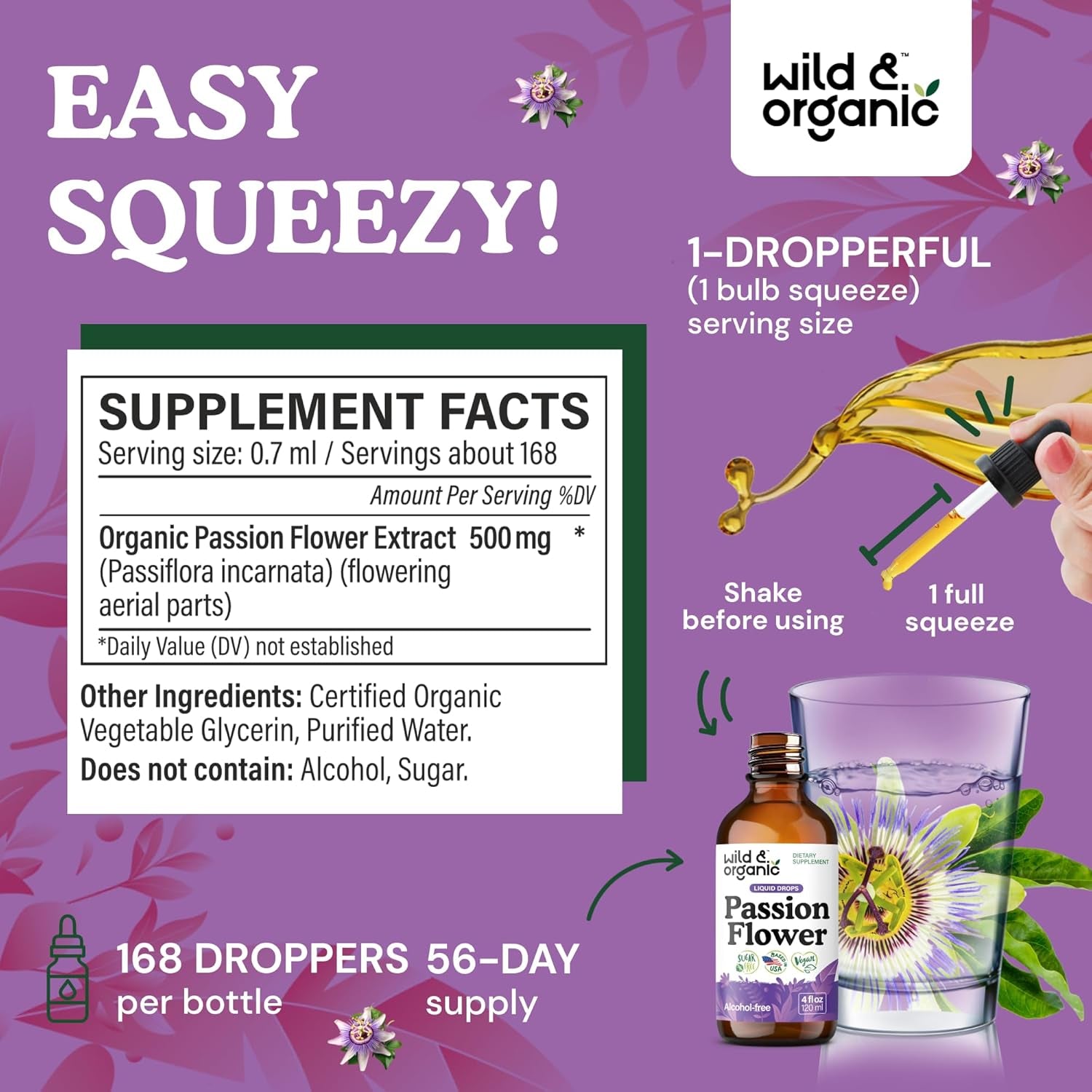 Wild & Organic Passion Flower Tincture - Mood Support - Calming Passionflower Supplement - Passiflora Incarnata Liquid Extract - Vegan, Sugar & Alcohol-Free Herb Drops - 4 Fl Oz