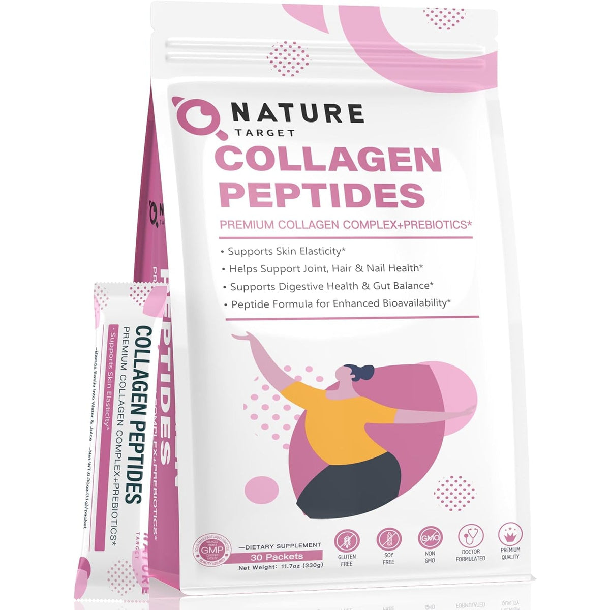 NATURE TARGET Multi Collagen Peptides Powder - Type I, II, III, V, X - Enhanced Absorption, Hydrolyzed Collagen Peptides with Prebiotics, Sugar-Free, Skin Hair Nail & Joint Support, Non-Gmo