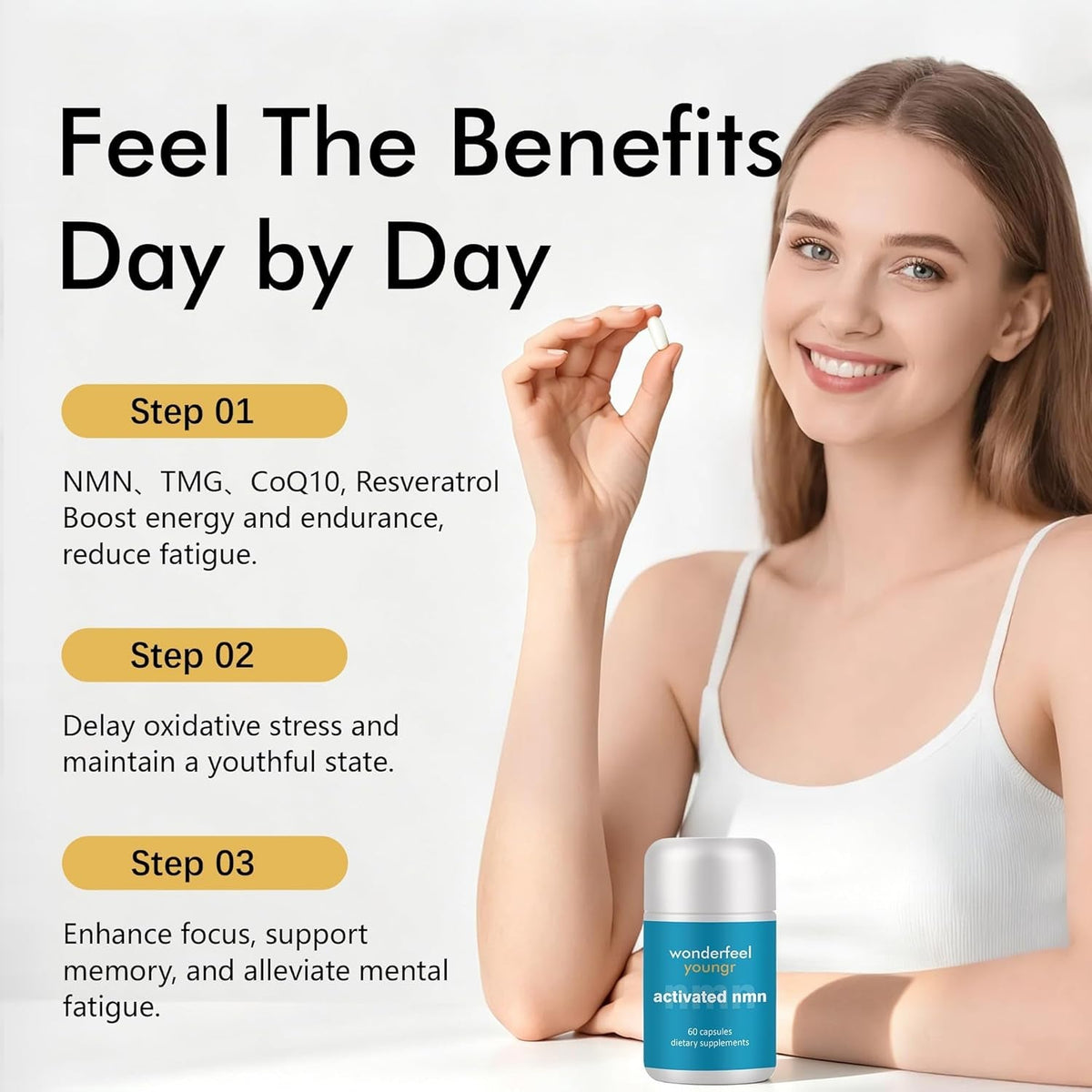 Wonderfeel Youngr NMN Supplement – with Quercettine, TMG & Resveratrol | Vegan Capsules for Daily Nutritional Use, 60 Count
