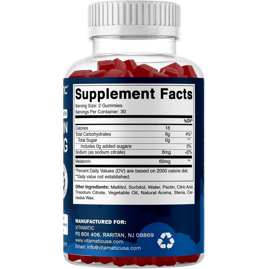 Vitamatic Sugar Free Melatonin 60 Mg - 60 Vegetarian Gummies - Non-Habit Forming Supplement