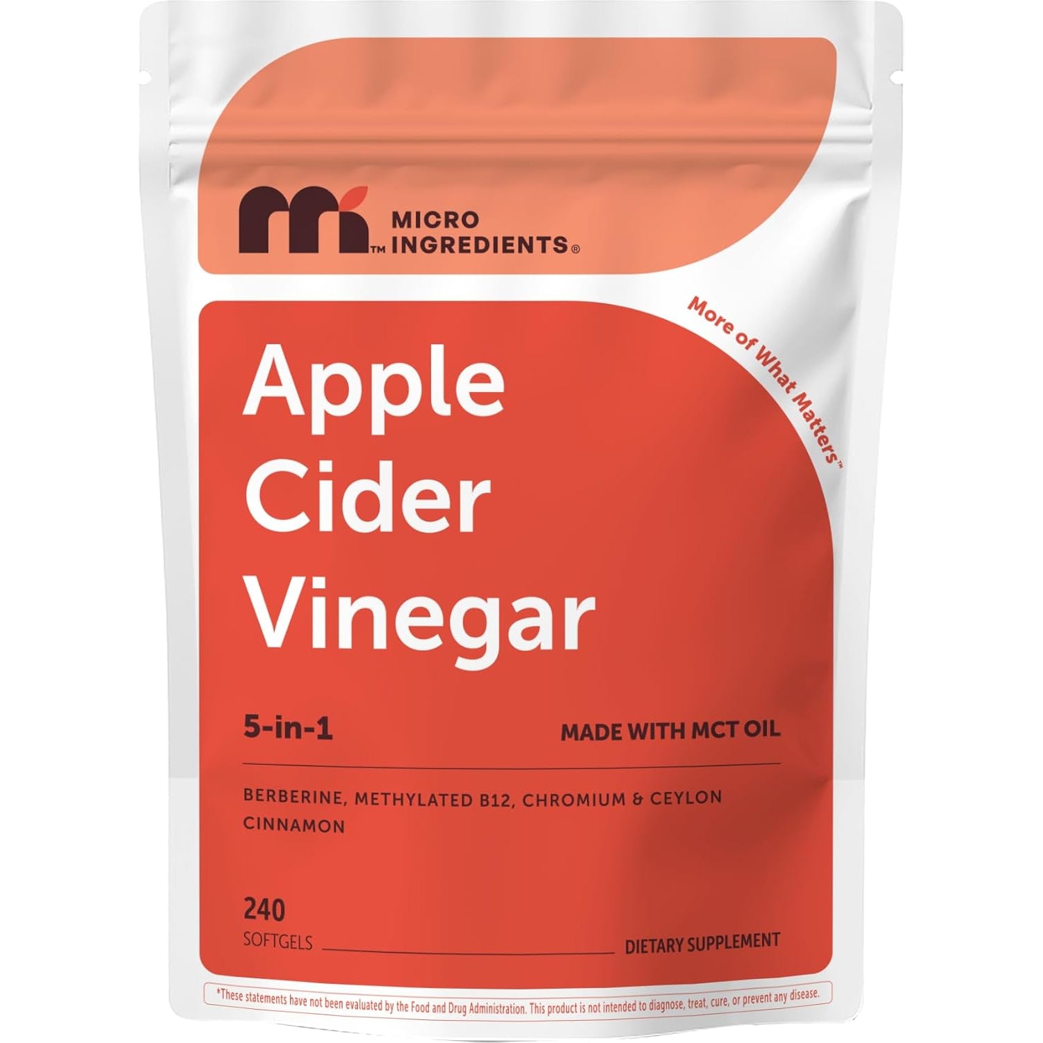 Micro Ingredients Apple Cider Vinegar with the Mother, 240 Softgels | 5-In-1 ACV with Methylated Vitamin B12, Chromium, Berberine & Ceylon Cinnamon | Made with MCT Oil | Non-Gmo