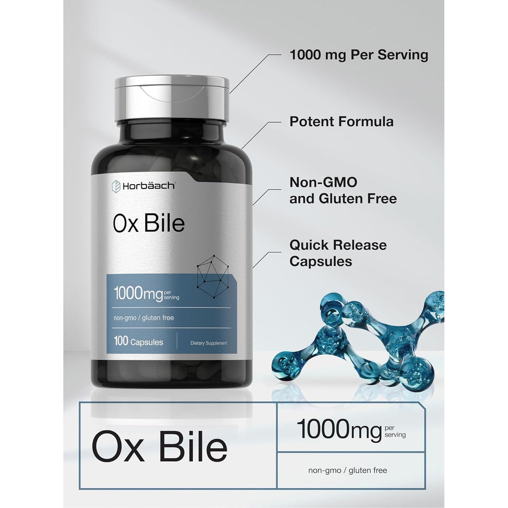 Horbäach Ox Bile Supplement | 1000Mg | 100 Capsules | Digestive Enzymes Supplement | Non-Gmo & Gluten Free
