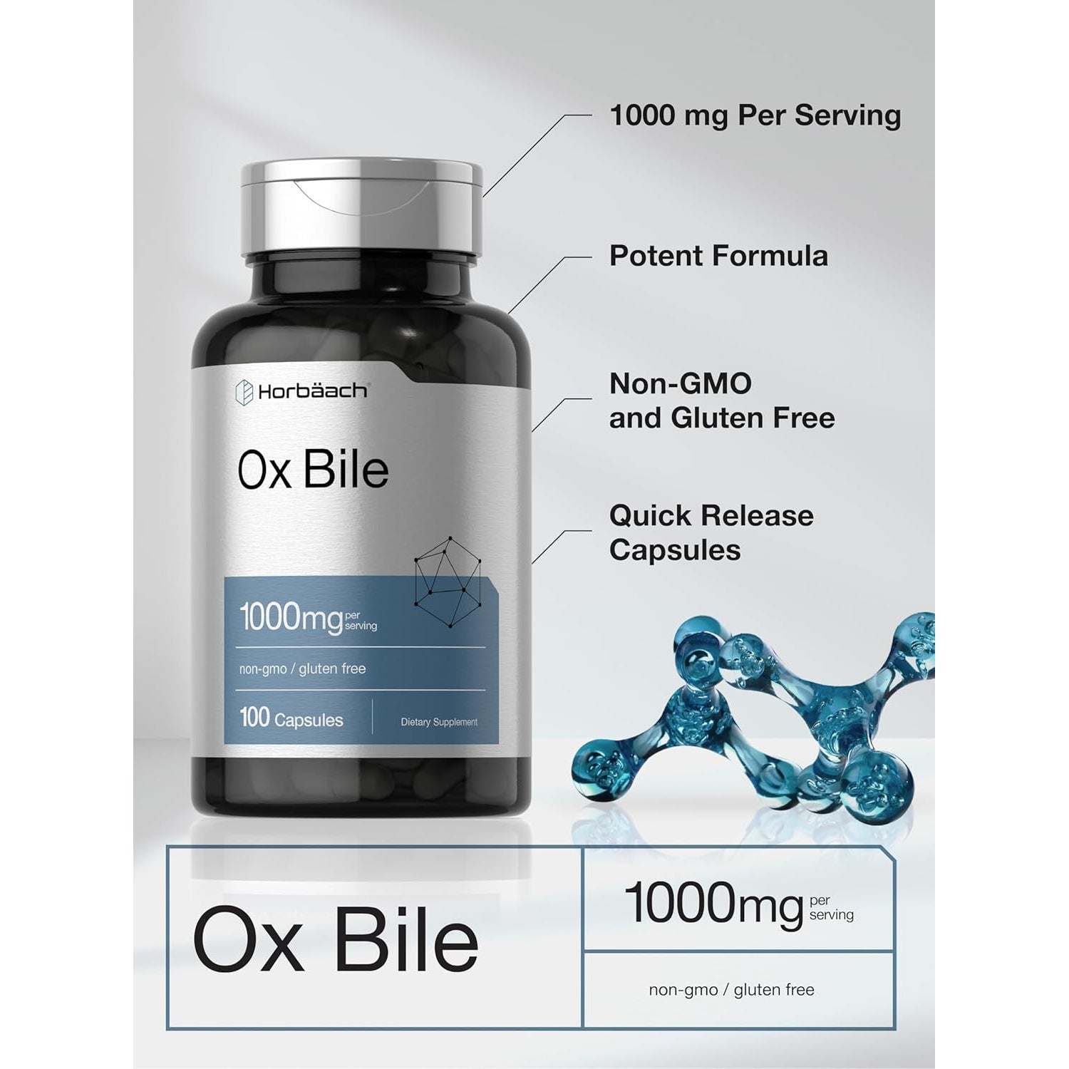 Horbäach Ox Bile Supplement | 1000Mg | 100 Capsules | Digestive Enzymes Supplement | Non-Gmo & Gluten Free