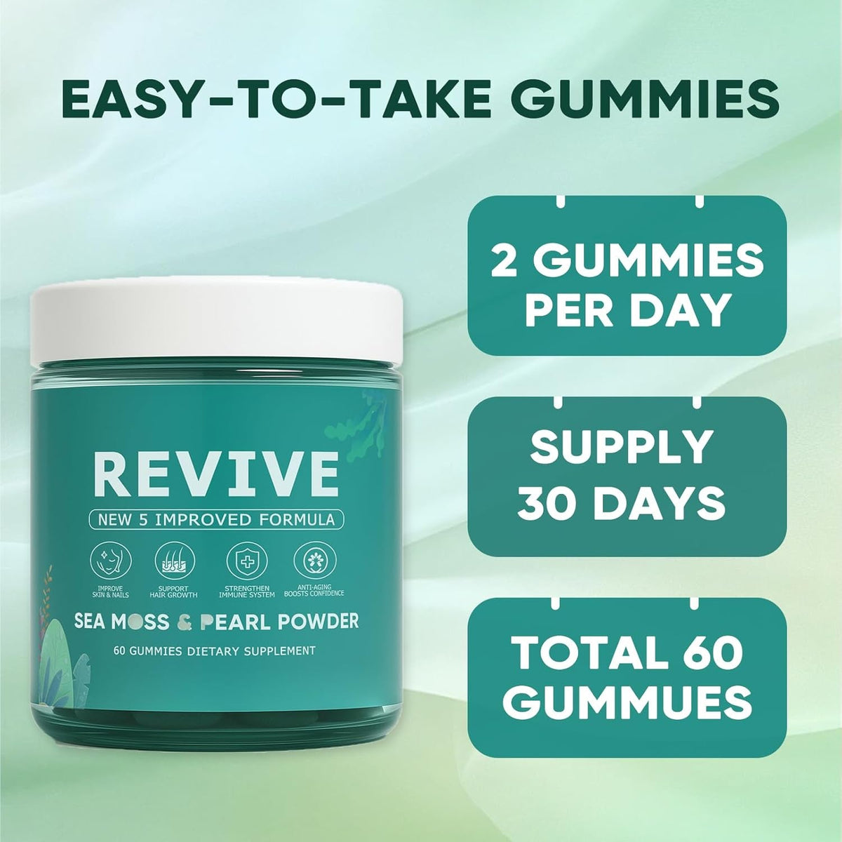 Revive Hair Gummies, Balmbare Revive Gummies for Hair, Promotes Thicker, Fuller, Stronger Hair, with Organic Irish Sea Moss, Pearl Powder Glow, Vitamin C/E, Aloe Vera, 60 Count