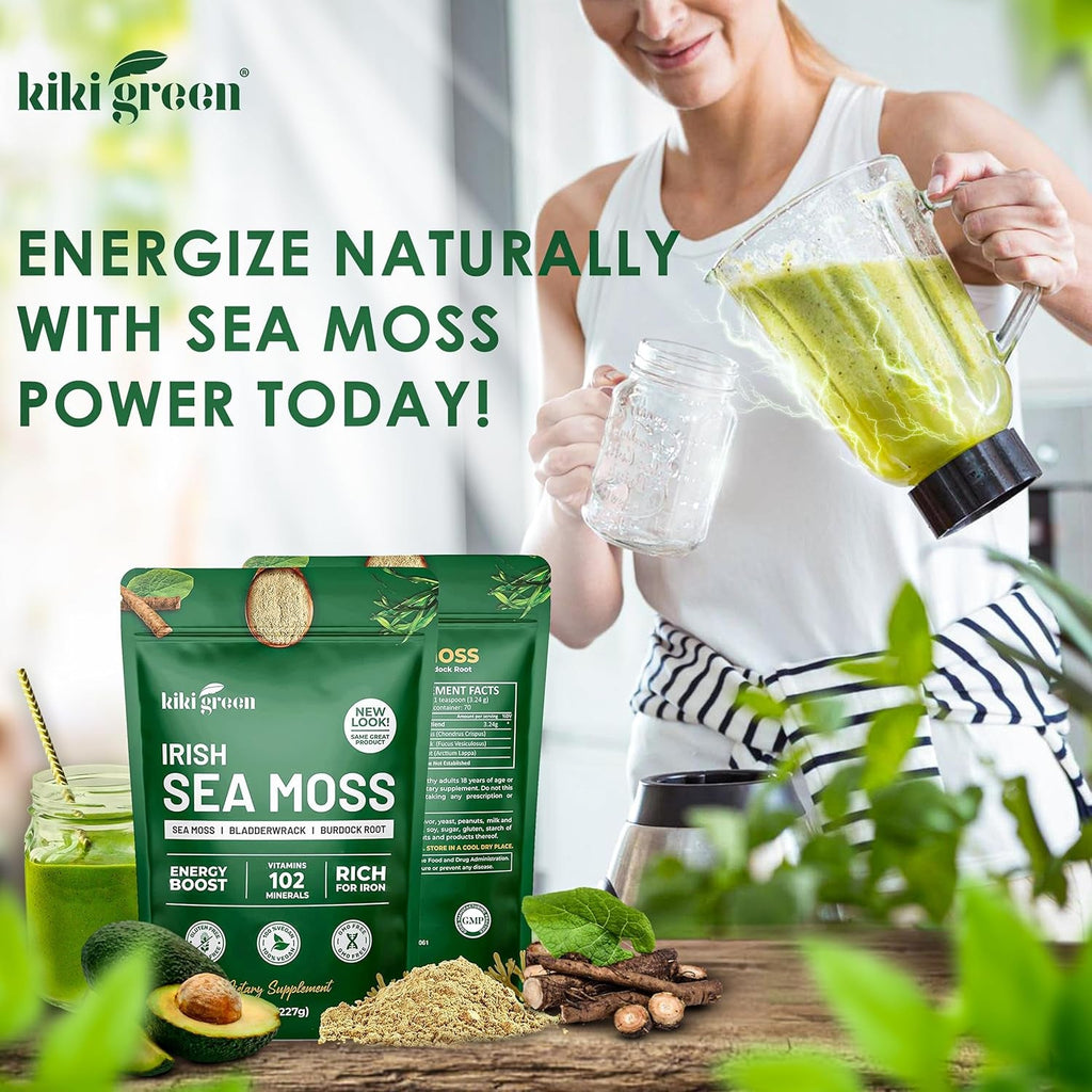 KIKI Green Irish Sea Moss Powder 8 Oz - with Bladderwrack Burdock Root Extract for Immune Support - Keto, Vegan Supplement